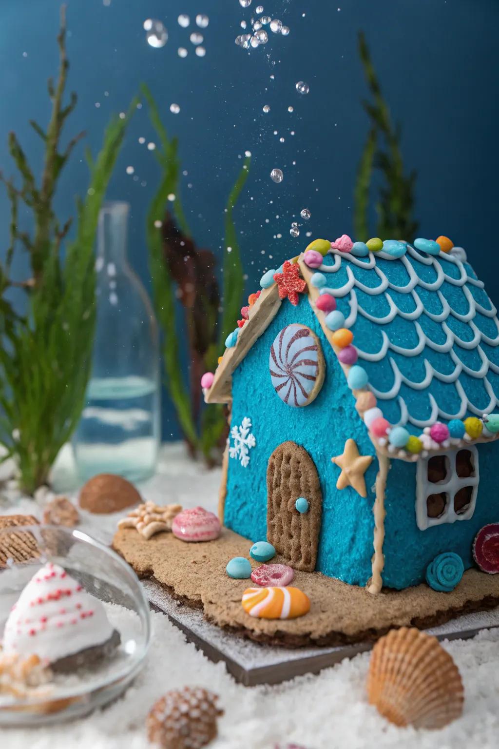 A gingerbread house transmuted into an underwater haven.
