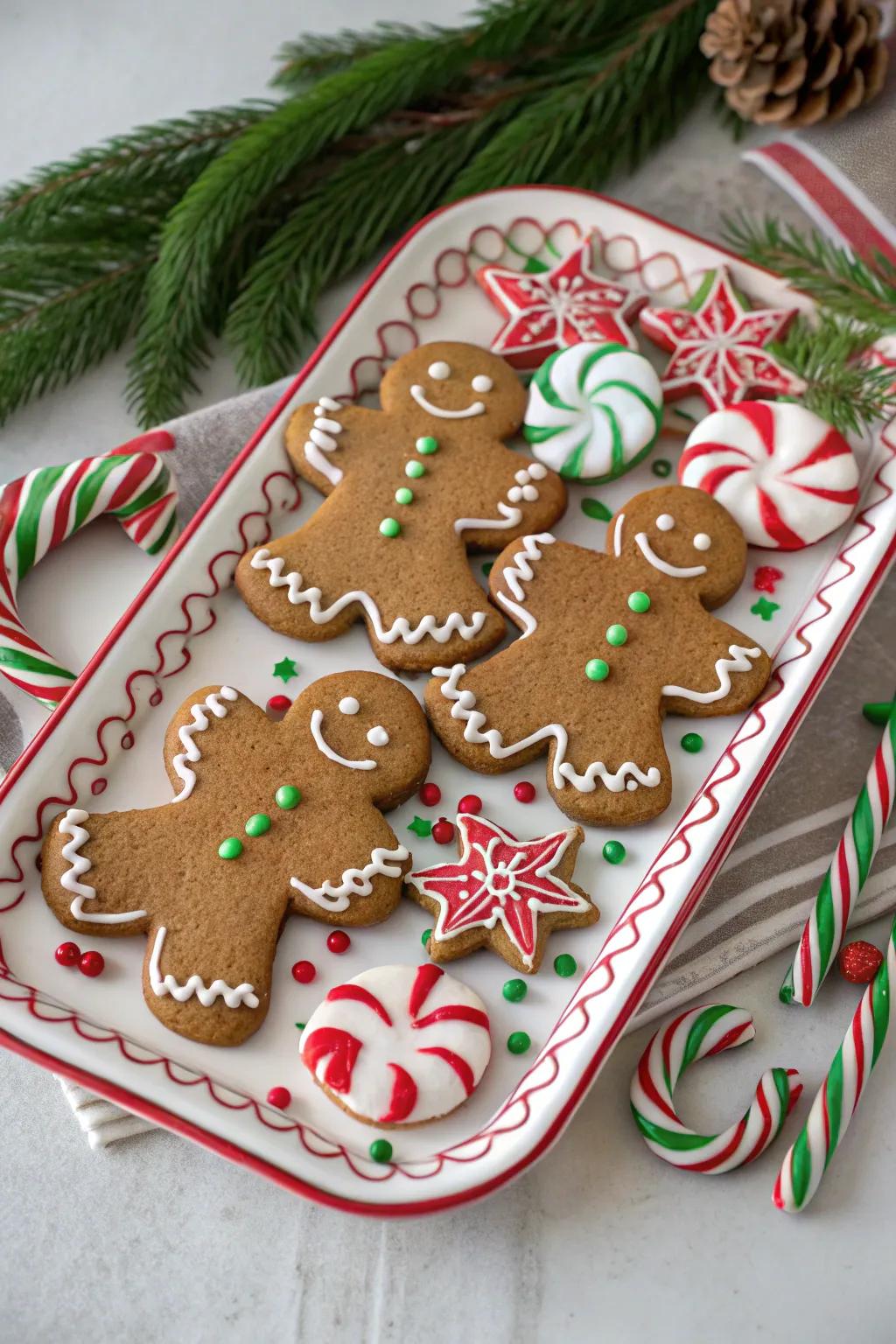 Gingerbread figures embellished with peppermint stick features for a minty zest.
