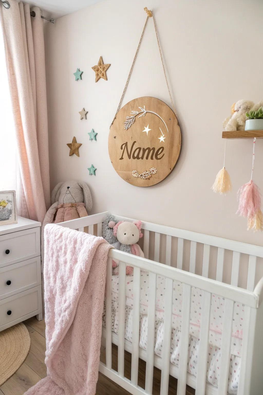 A personalized name sign contributes a unique flair to the nursery.