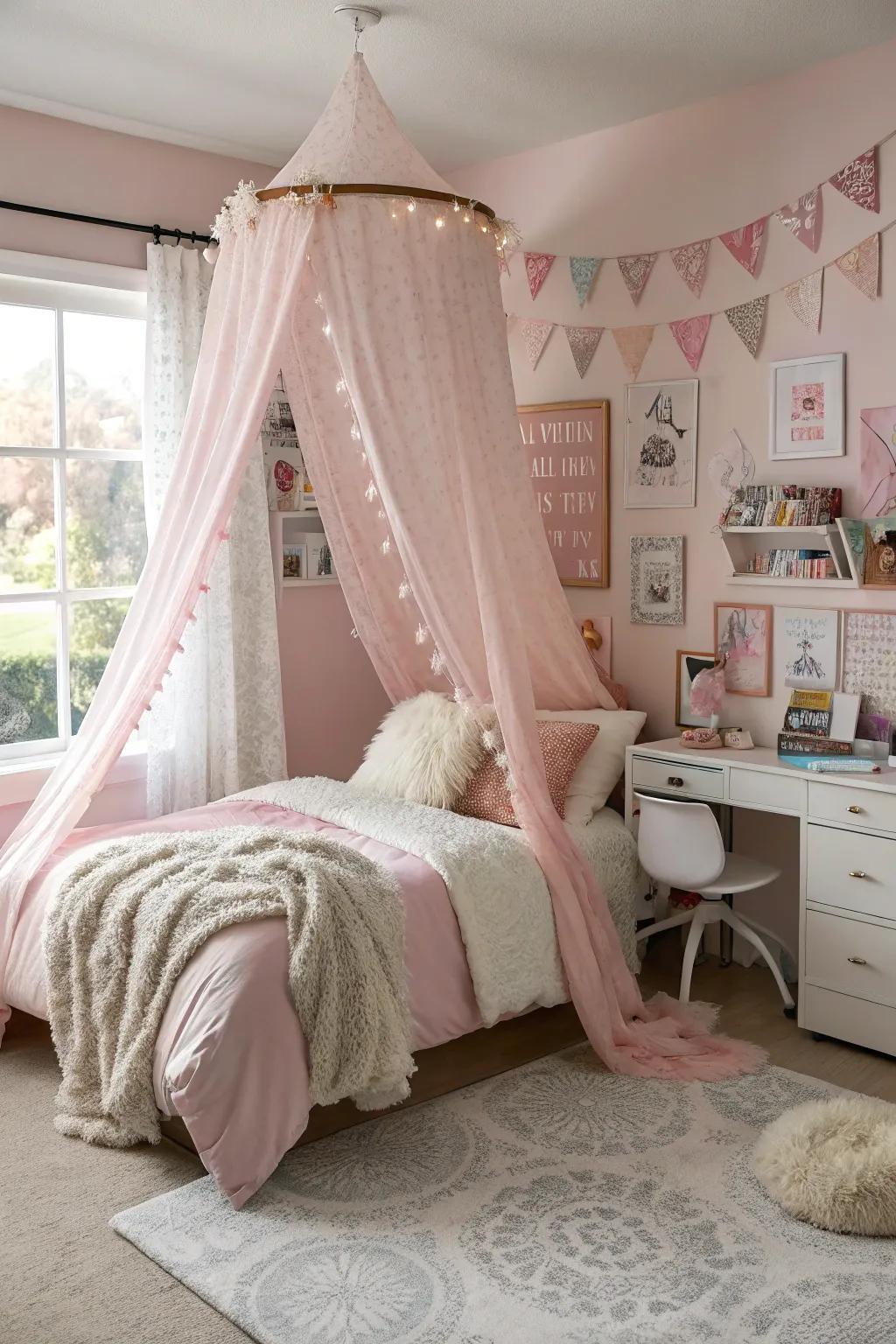 A roseate canopy casts a dreamy spell over the bedroom.