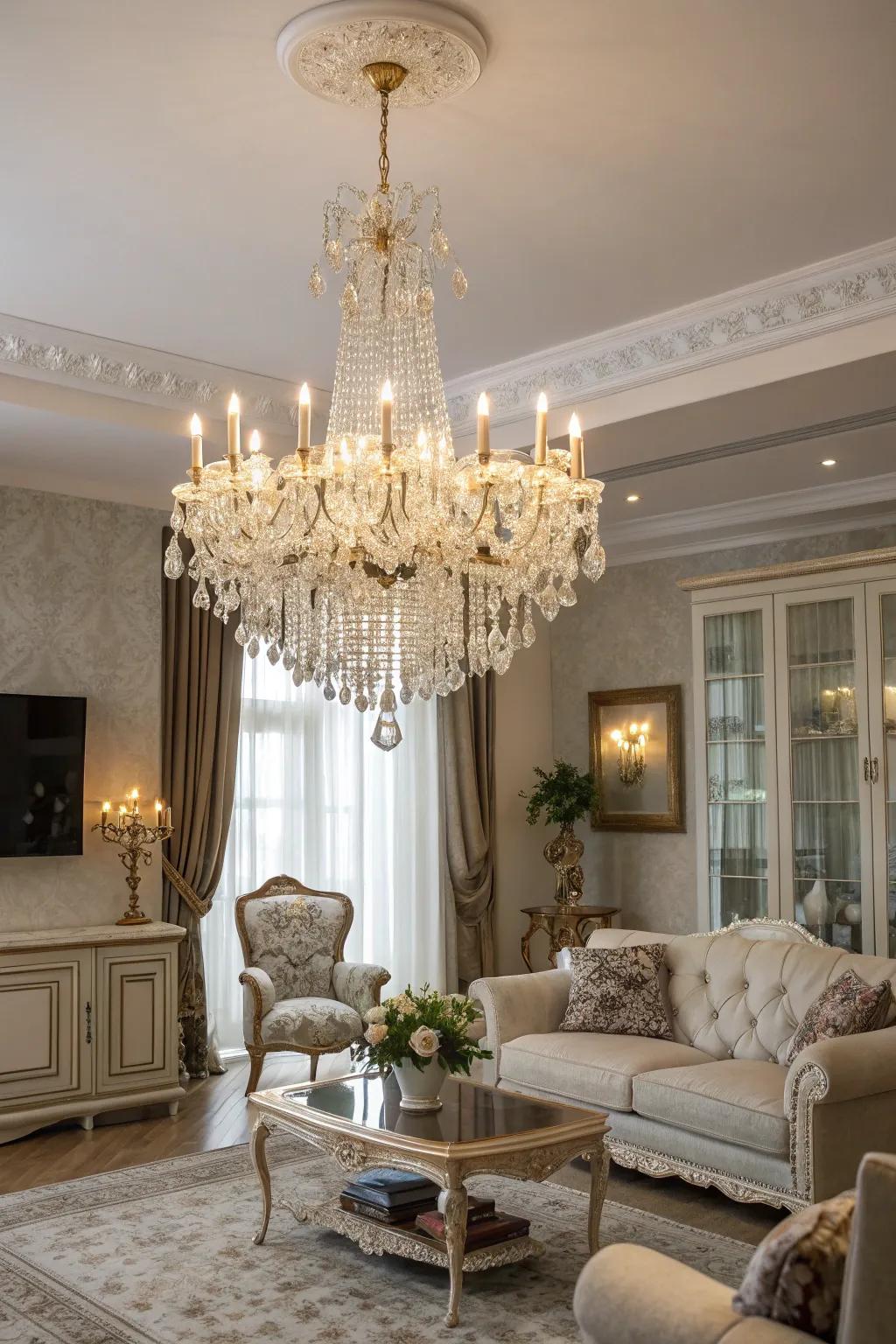 A sophisticated living space illuminated by a delicate hanging light.