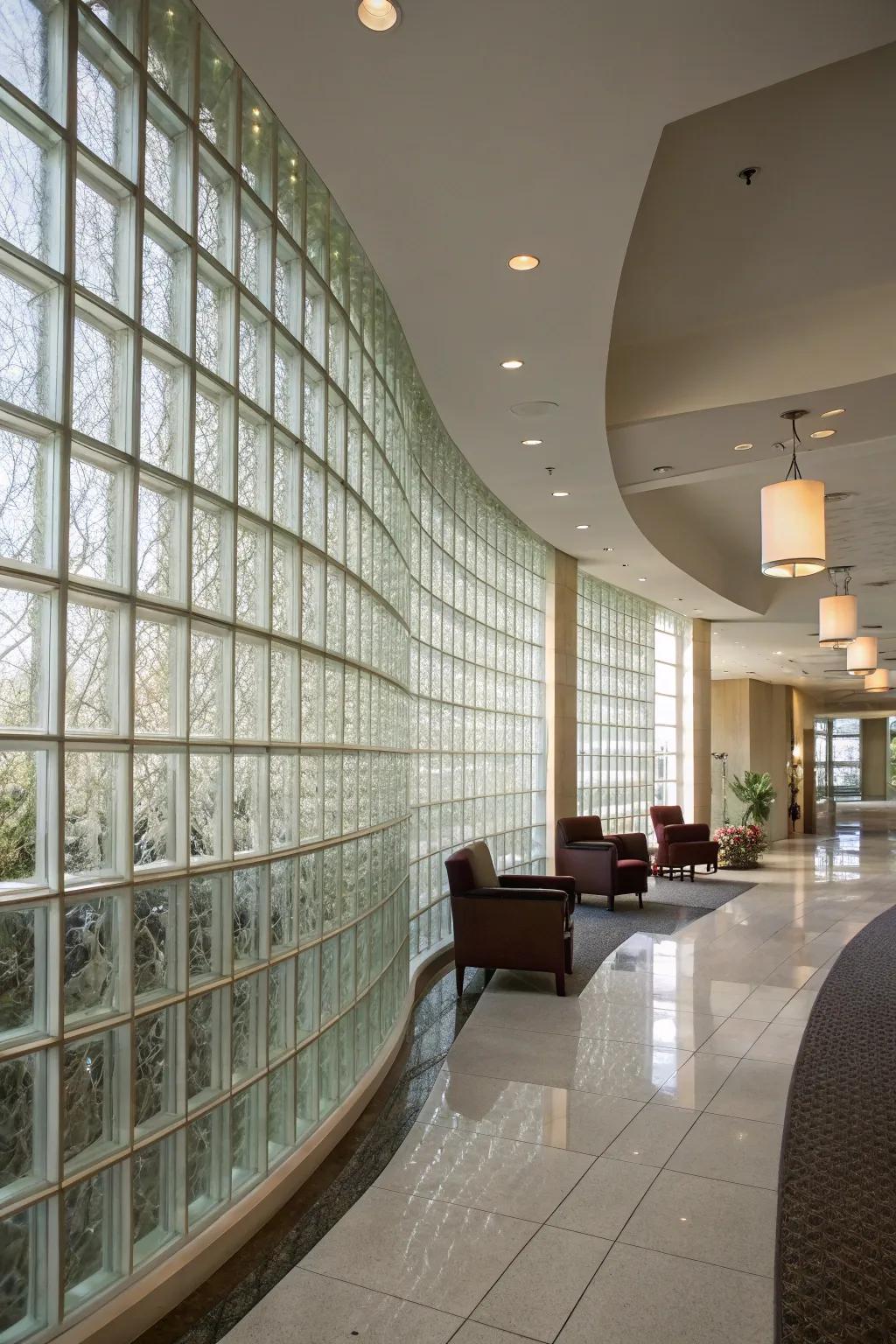 An indoor area showcasing a curved glass block wall, bringing sophistication and architectural fascination.