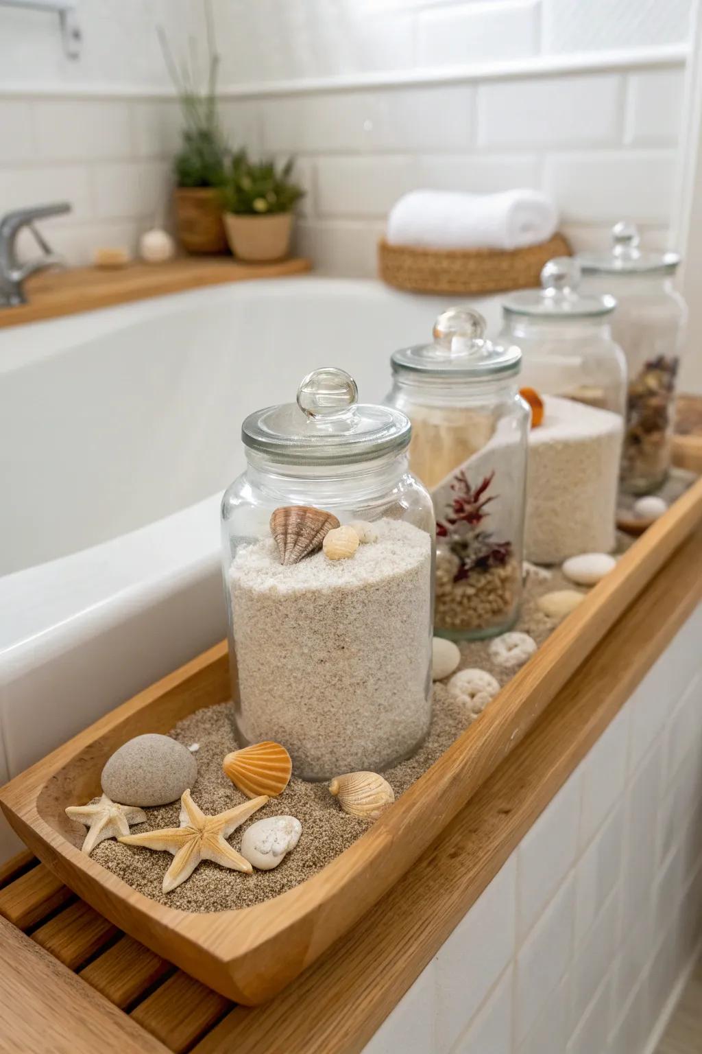 Seashore-themed containers spark a feeling of tranquility and nautical appeal.