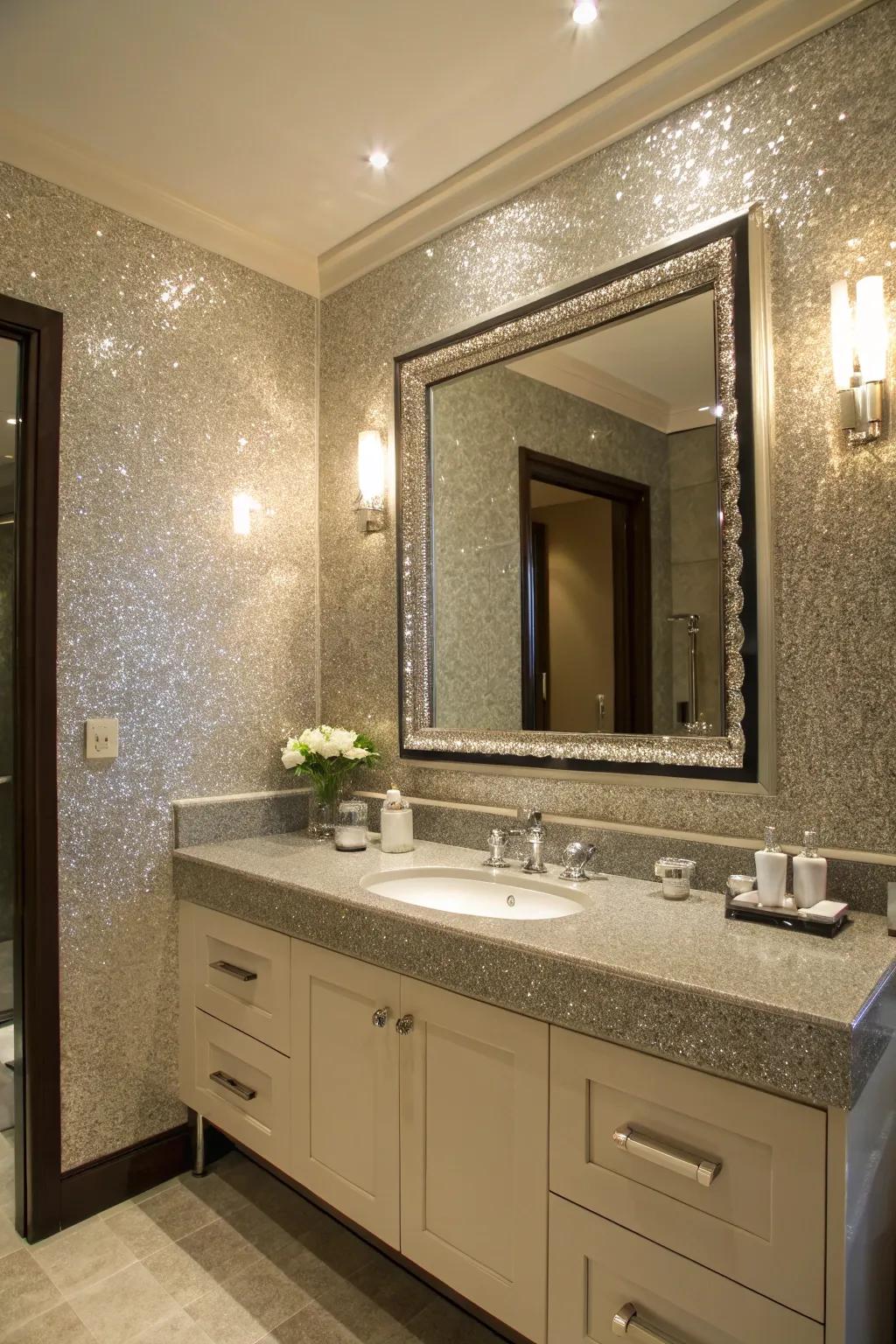 A dazzling wall elevates the luxury of a bathroom.