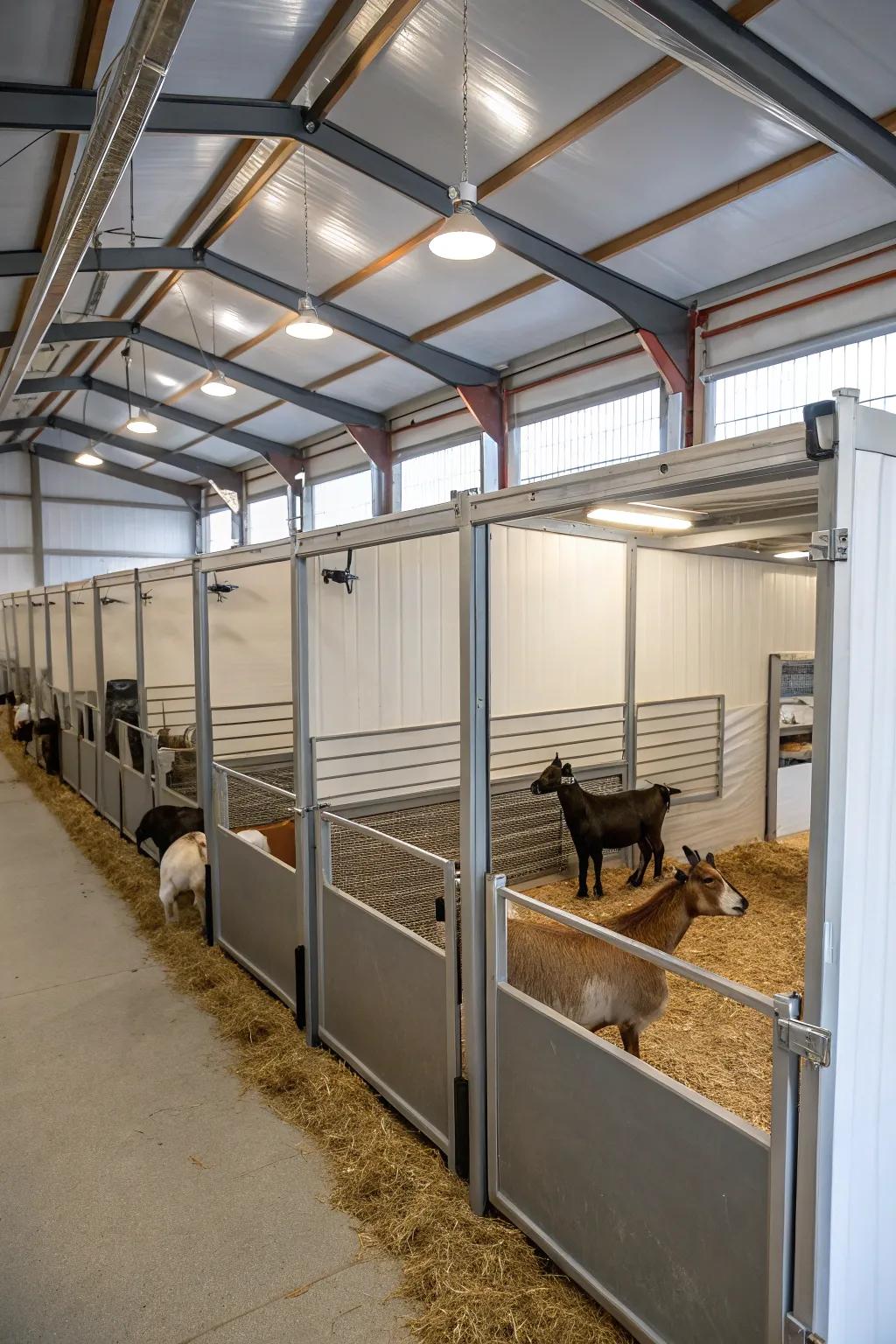 A modular goat shelter featuring adjustable spaces for versatility.