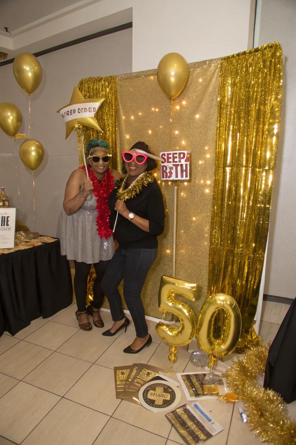 A gold-themed photo booth, capturing the joyous essence of the event for all guests.