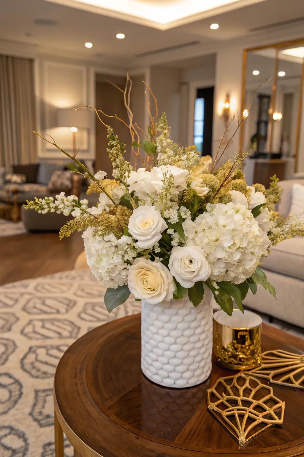 A floral centerpiece featuring golden accents adds elegance and charm.