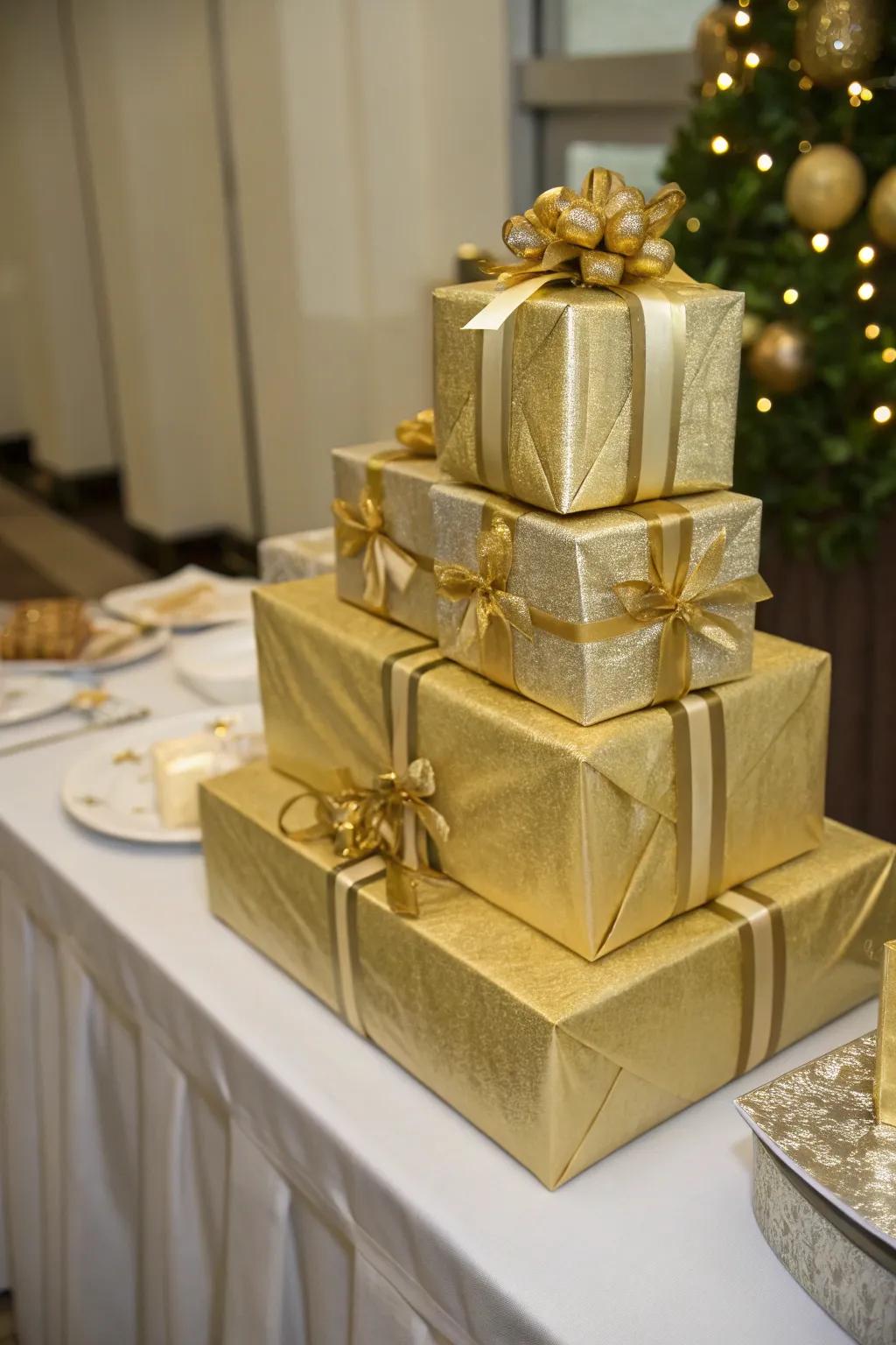 Gifts wrapped in gold, adding to the festive atmosphere.