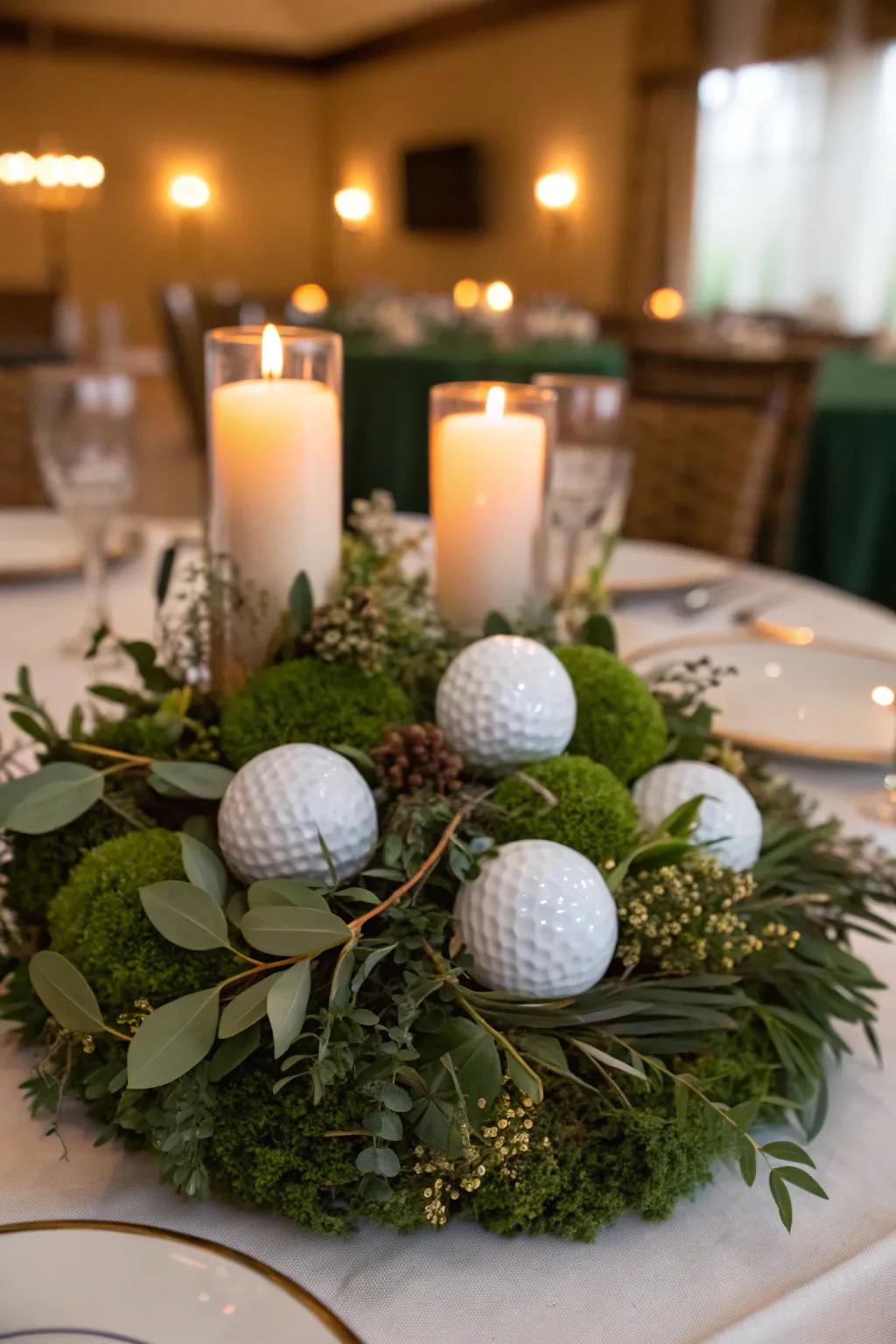 Elegant golf sphere table art brings the theme right to the table.