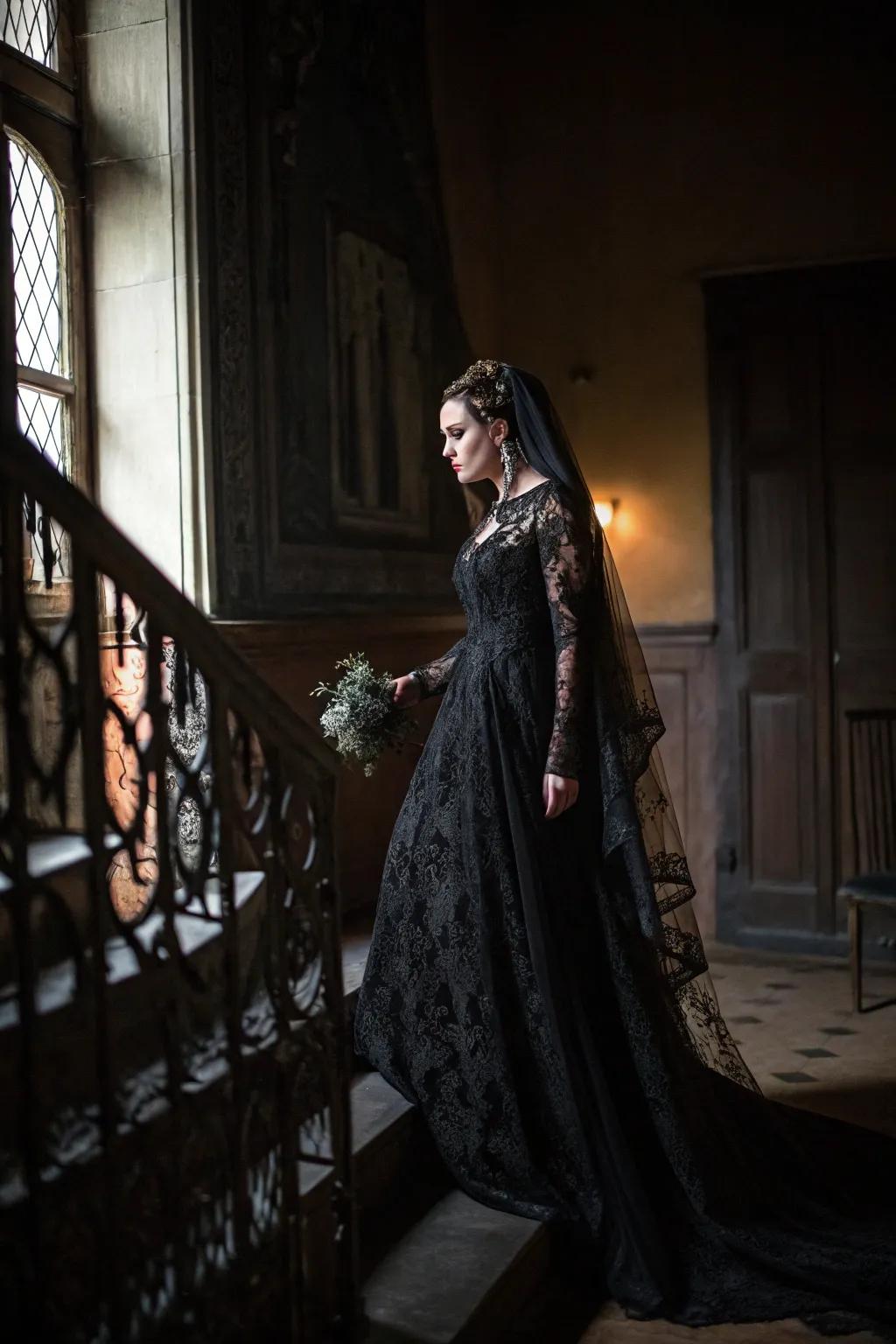 A gothic bride in a stunning sable lace wedding dress.