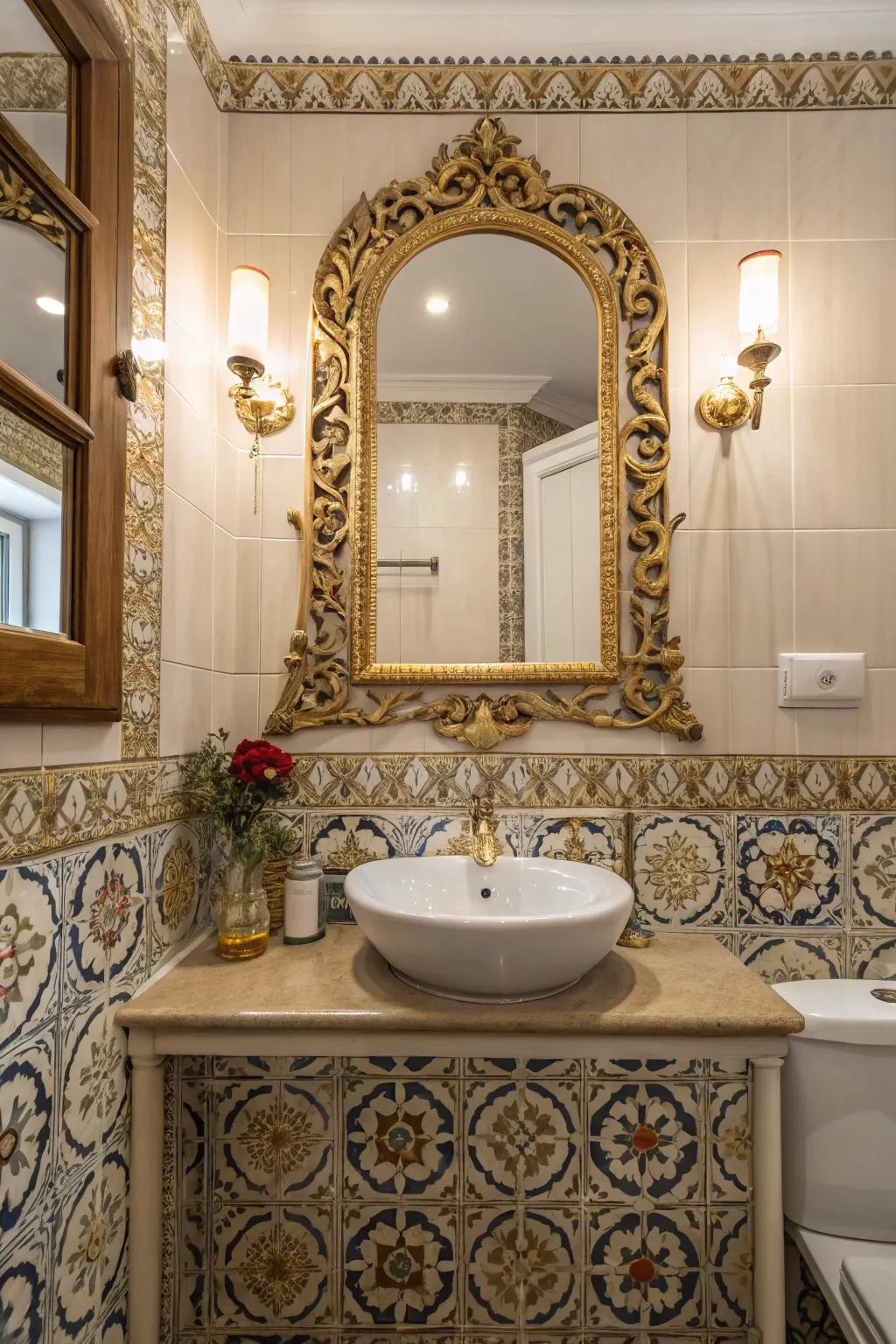 Complicated touches heighten the gothic beauty of this washroom.