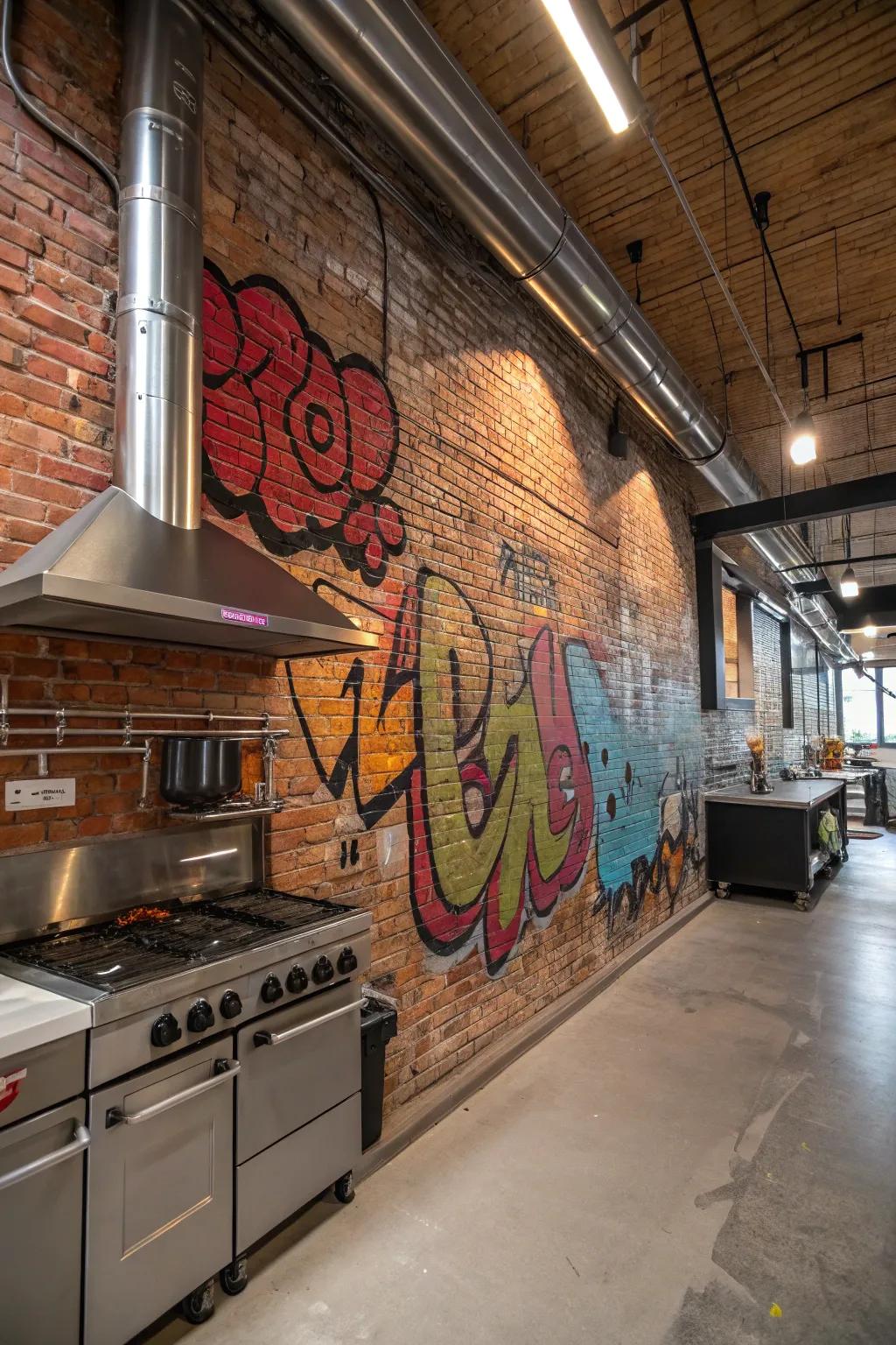 Graffiti on a brick wall complementing an industrial kitchen
