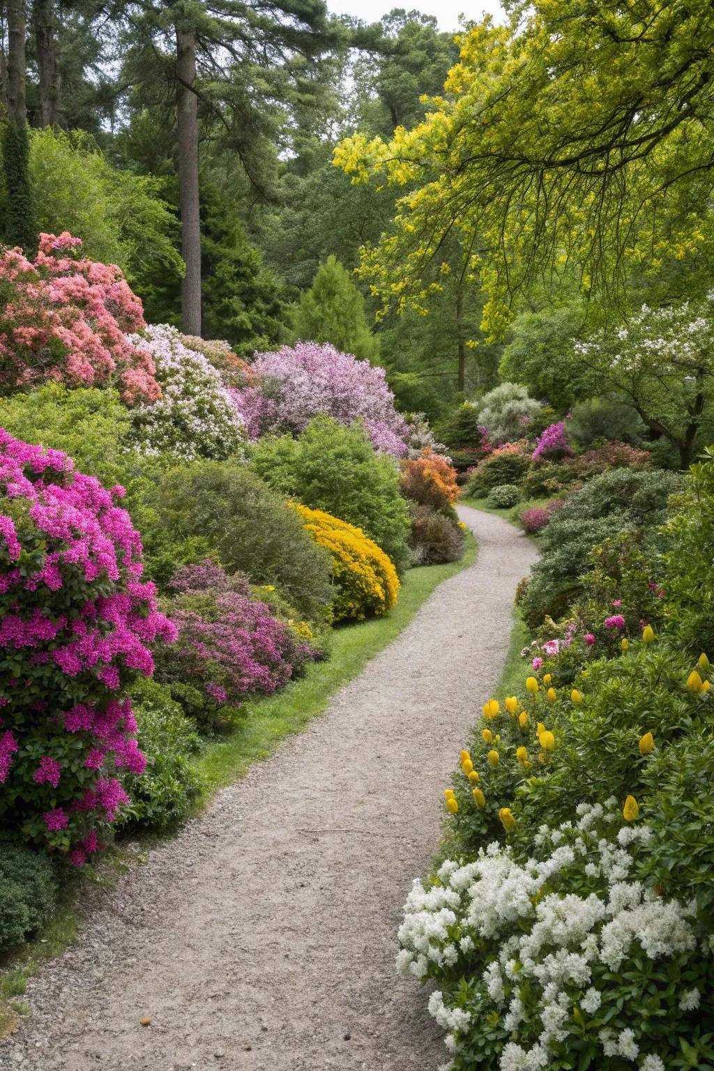 Abundant plantings contribute vibrancy to a gravel pathway.