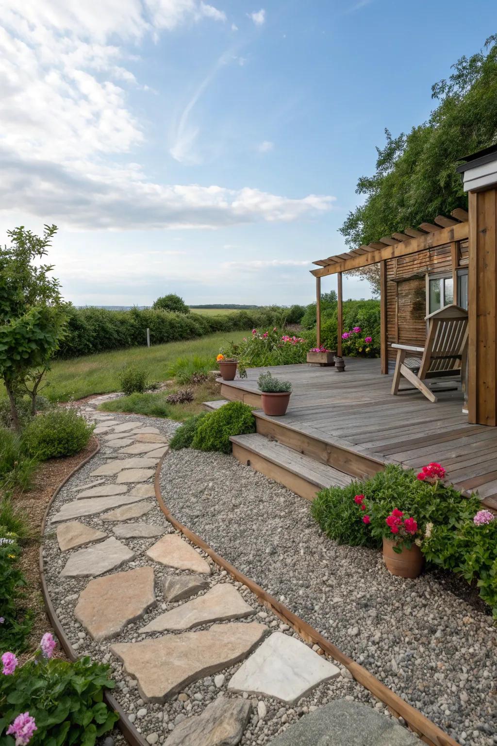 A gravel patio gracefully blended with stone walkways and a timber platform.