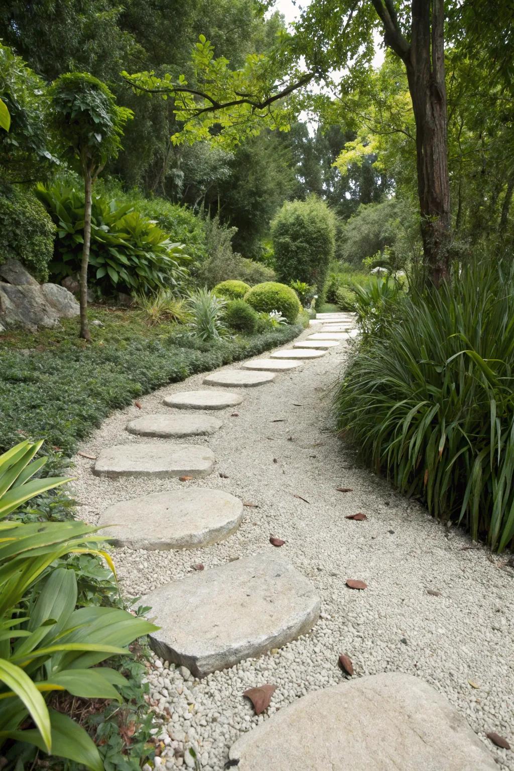 A gravel path enhanced with stepping stones for visual interest