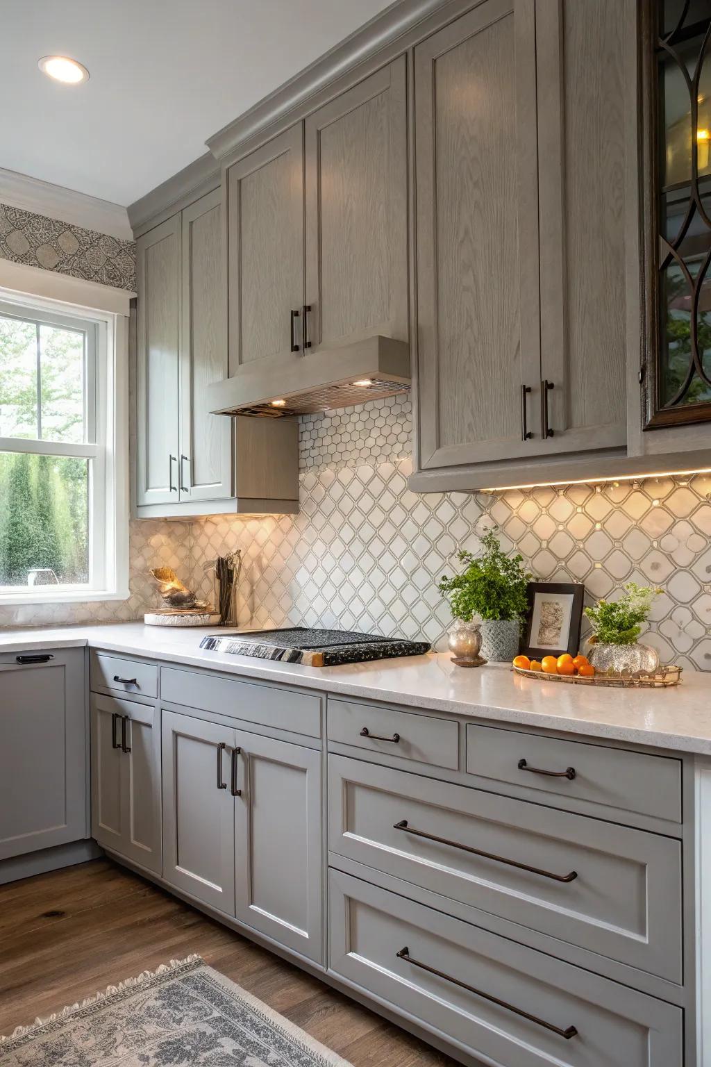 Patterned tiles complement the smooth finish of gray cabinets.
