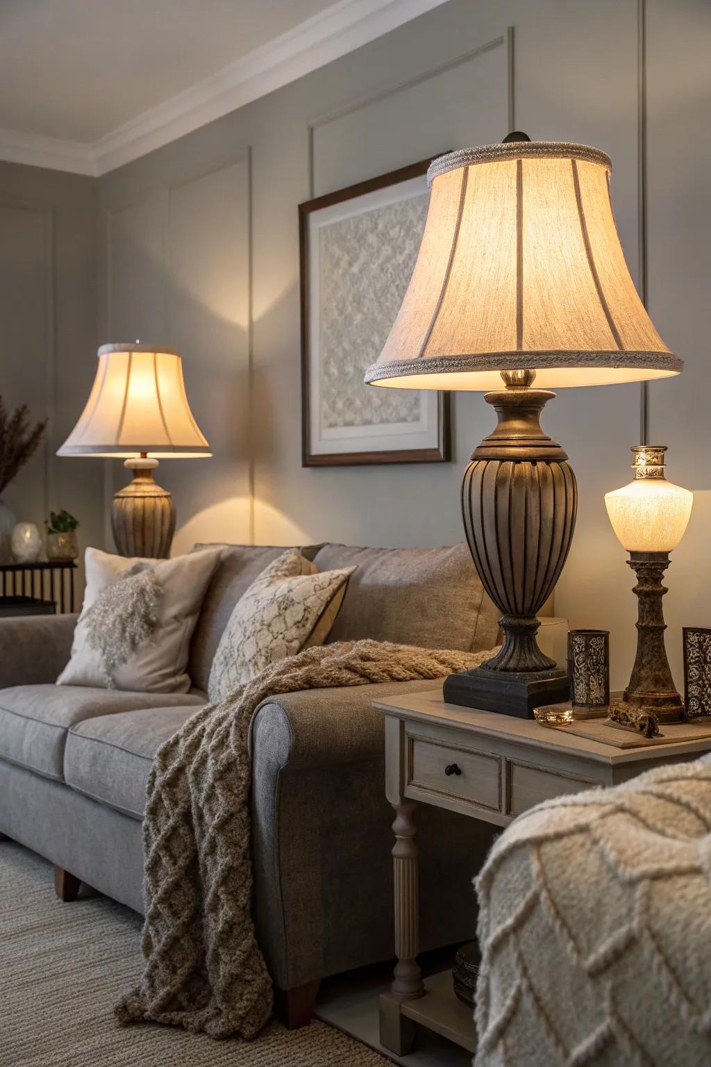 Warm, inviting lighting boosting a gray room’s comfort.