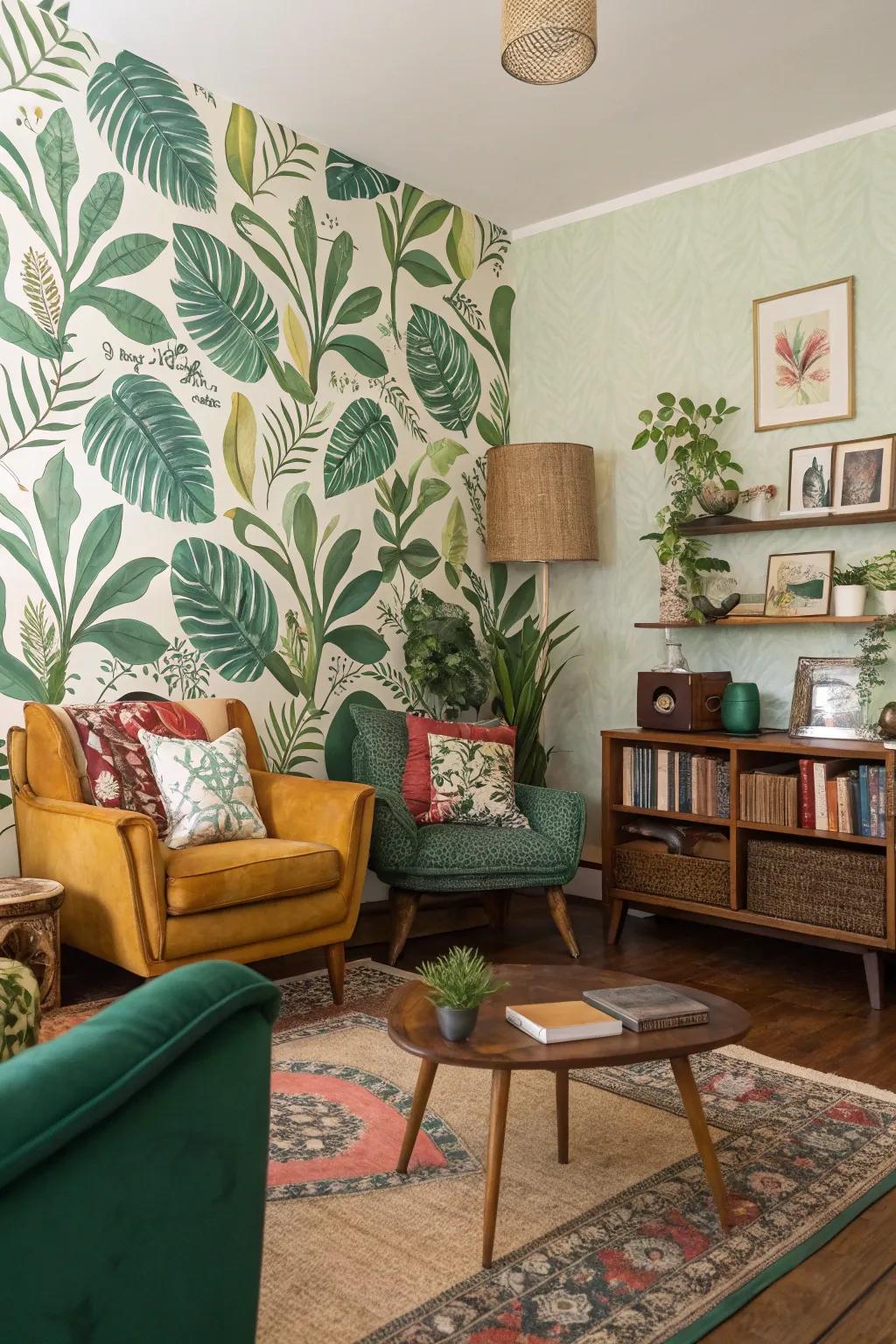 Drama inspired by nature is brought indoors by flora patterns.
