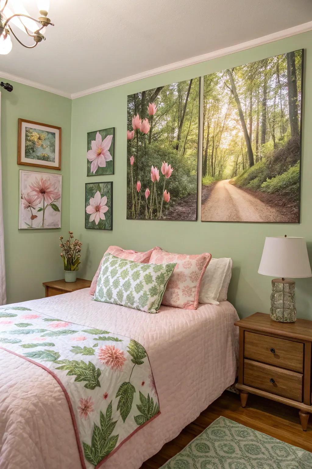 Nature-inspired art exquisitely complements verdant and rosy themes.