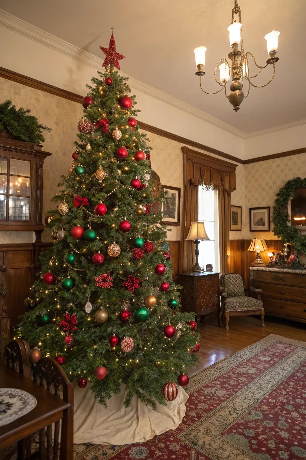 A charming vintage-themed Christmas tree adorned with red and green ornaments.