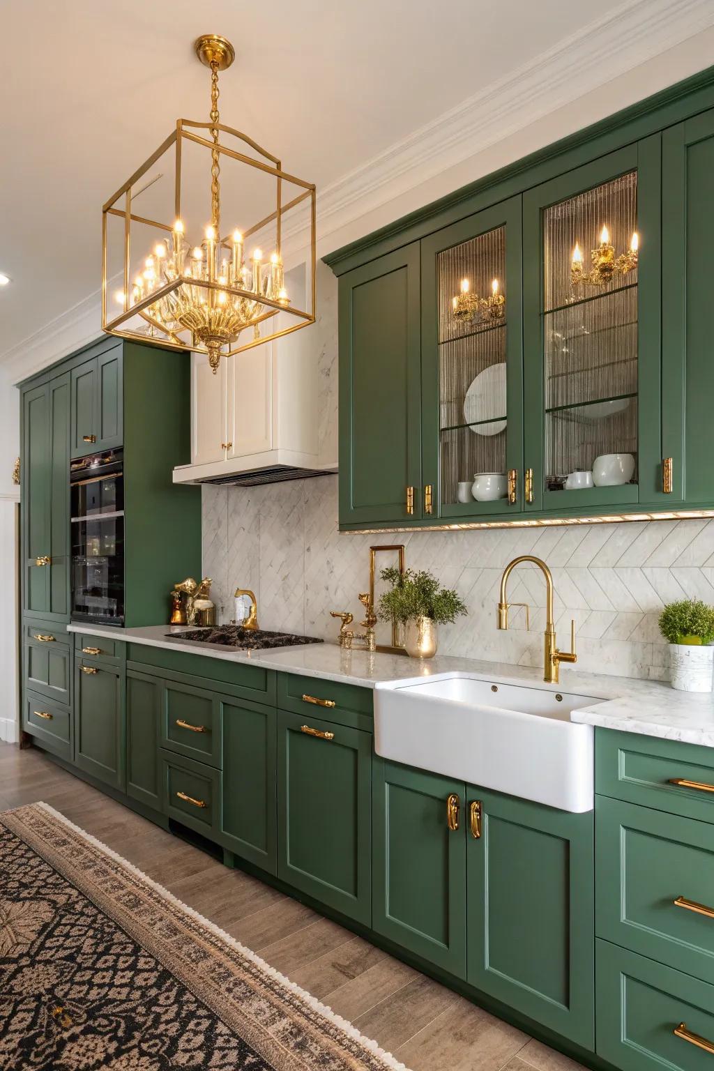 Lavish kitchen flaunting emerald green cabinets and gilded details.