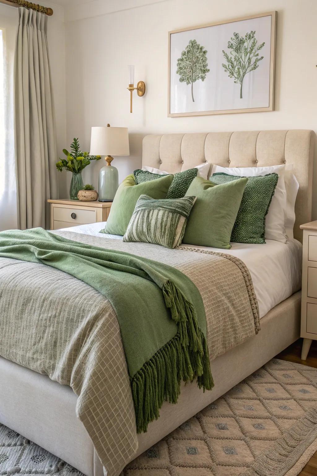 Verdant bedding highlights introduce a revitalizing essence to the bedroom.