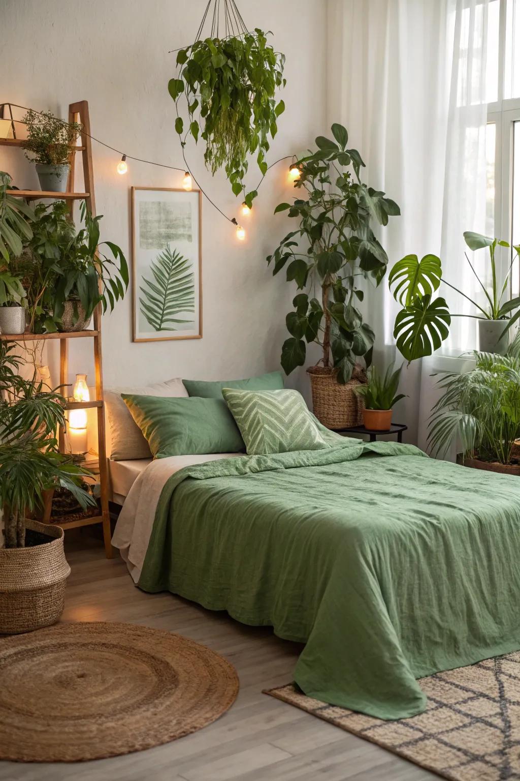 A serene bedroom showcasing verdant bedding.