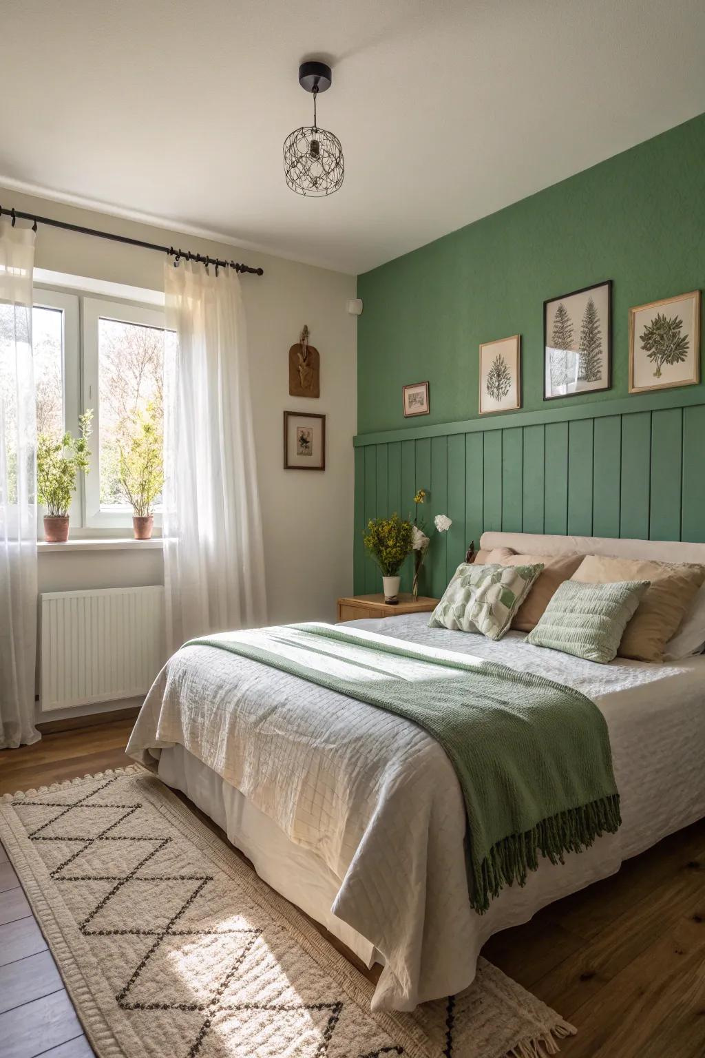A full green highlight wall creates a cozy and welcoming bedroom ambiance.
