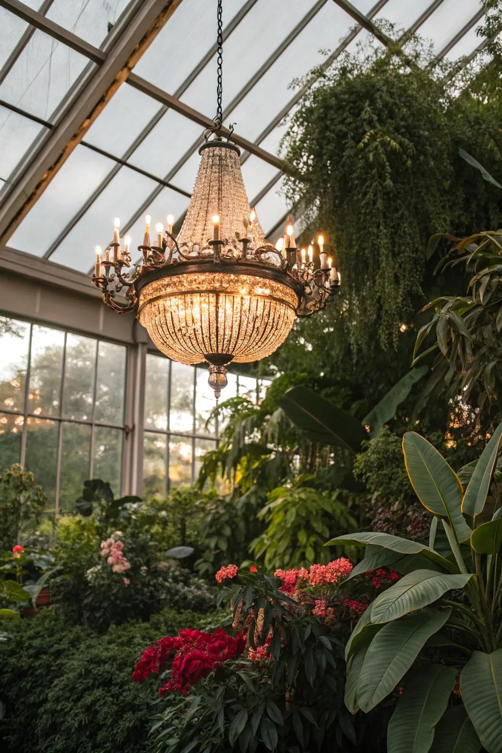 A sparkle light gives beauty to the greenhouse.