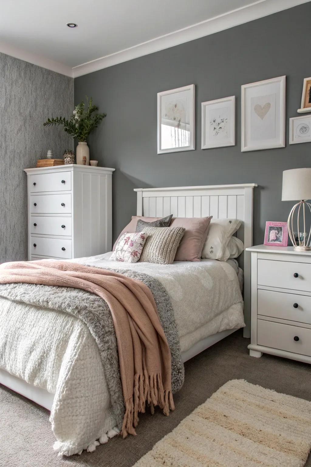 A classically styled grey and ivory bedroom radiating sophistication.