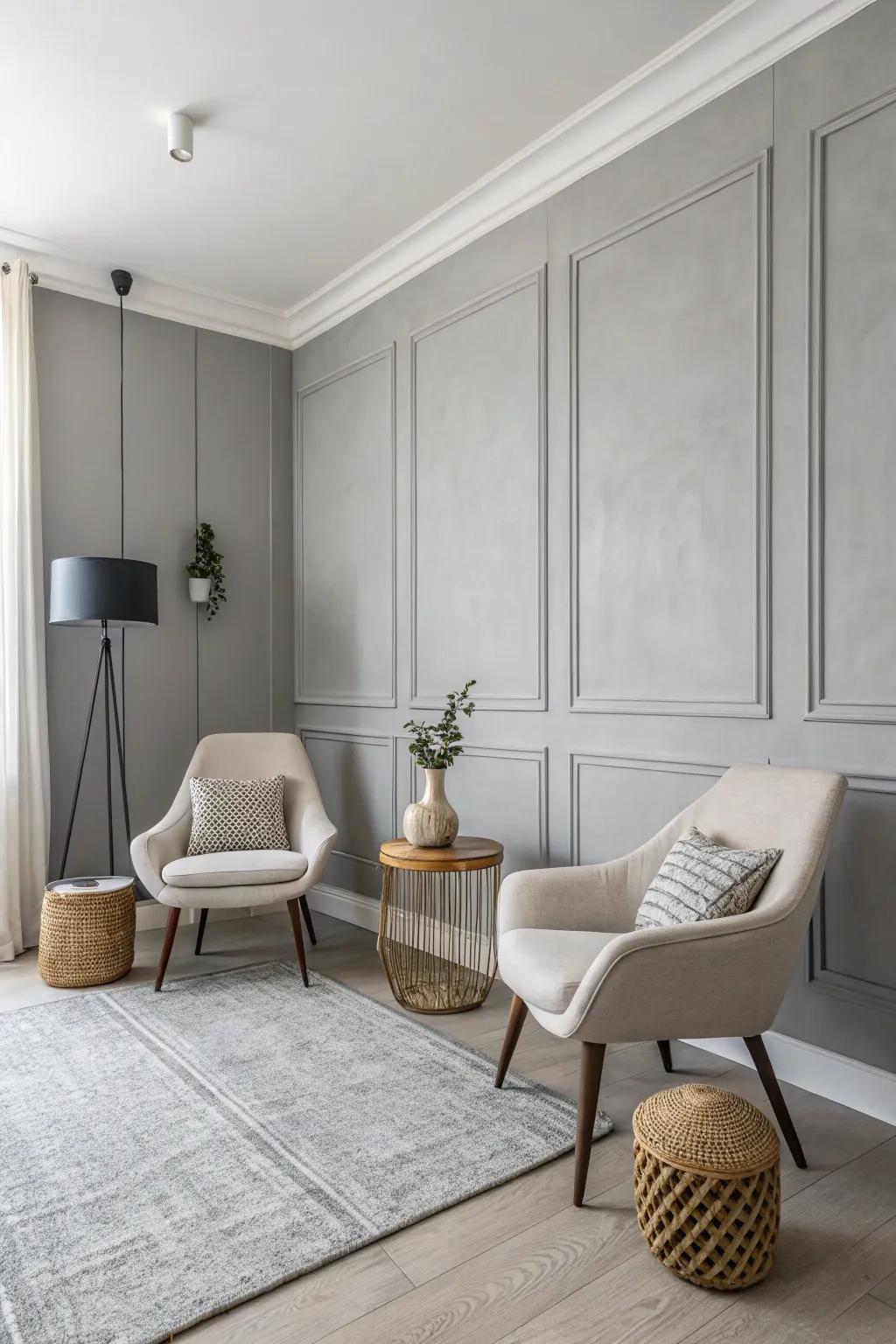A minimalist room featuring a clean grey accent wall.
