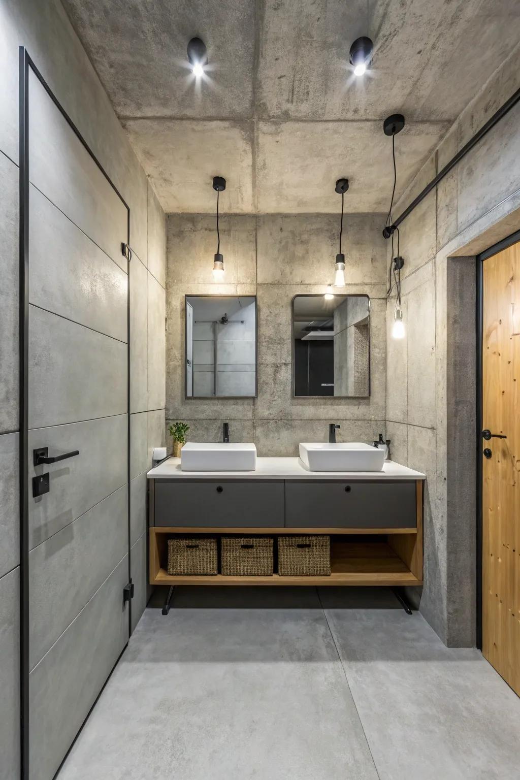 Cement grey produces an urban chic aesthetic in this minimalist bathroom.