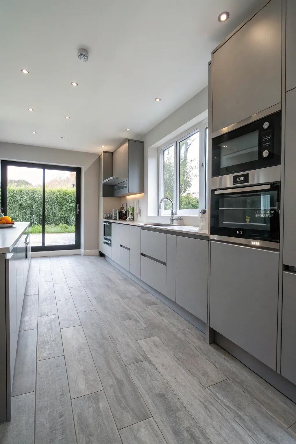 Greyish polymer flooring delivers both elegance and practicality in this contemporary food preparation area.