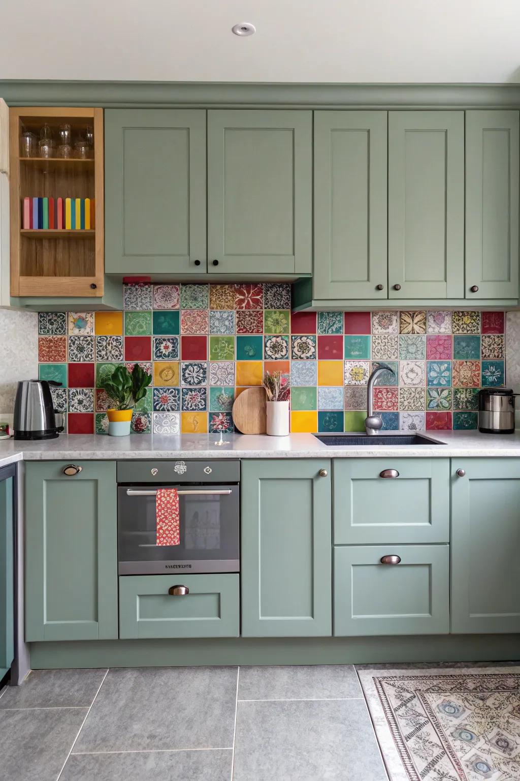 A bright backsplash adds color to the greenish-gray cabinets.