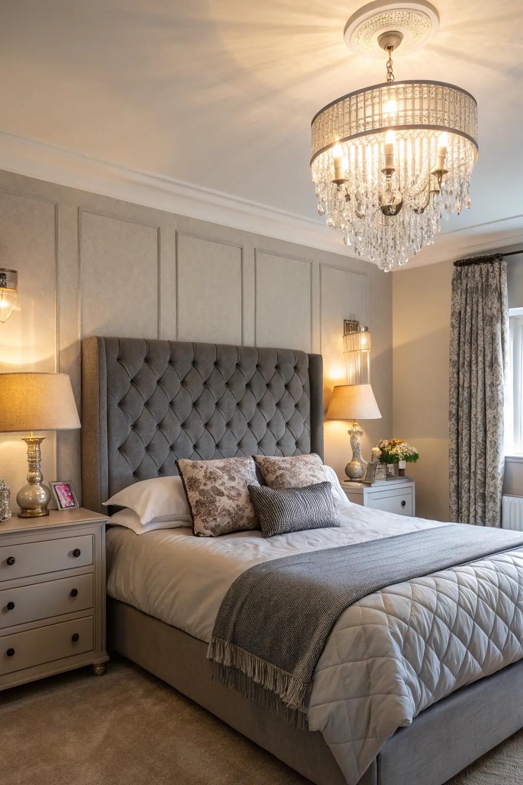 A bedroom with a stone-toned headboard, lit by a mix of pendant and lamps.