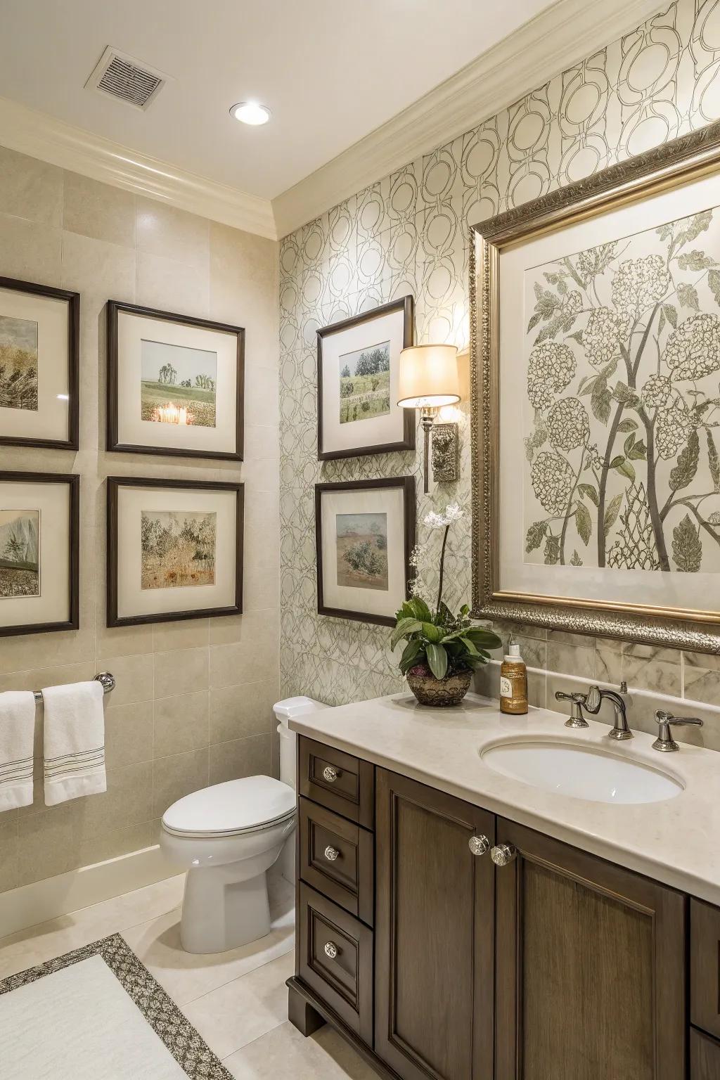 A guest bathroom embellished with stylish wall art, adding a personalized feel.
