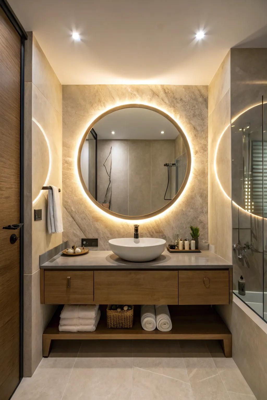 A noticeable lookingglass turns into the center of attention in this modern bathroom.