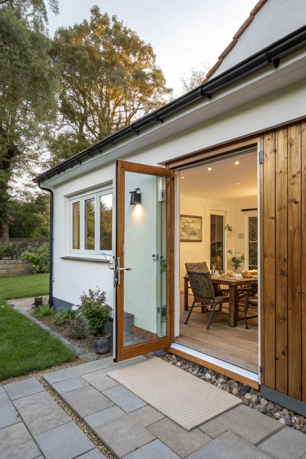 A guest house with sliding doors that blend indoor and outdoor spaces seamlessly.