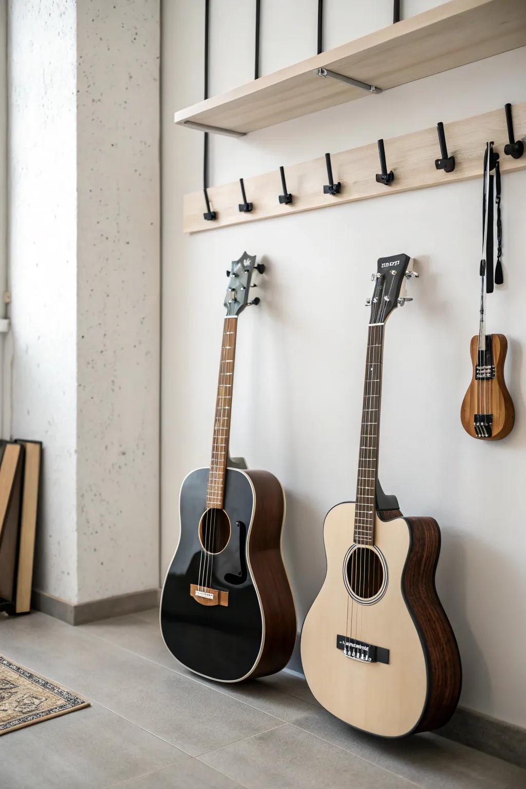Instruments showcased on minimalistic pegs, providing a pristine aesthetic.