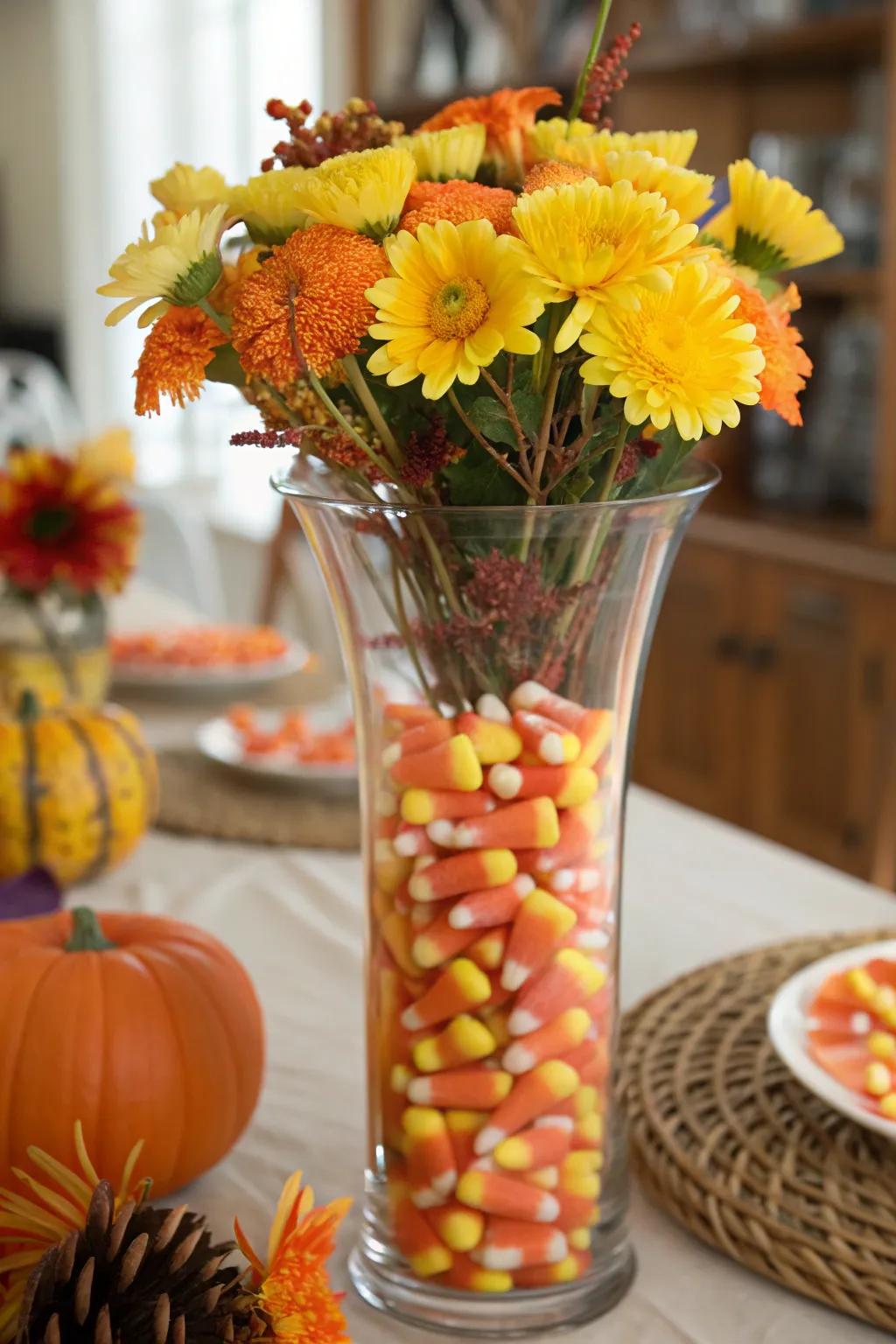 Stratified candy kernels bring a playful trait to this Halloween bouquet.