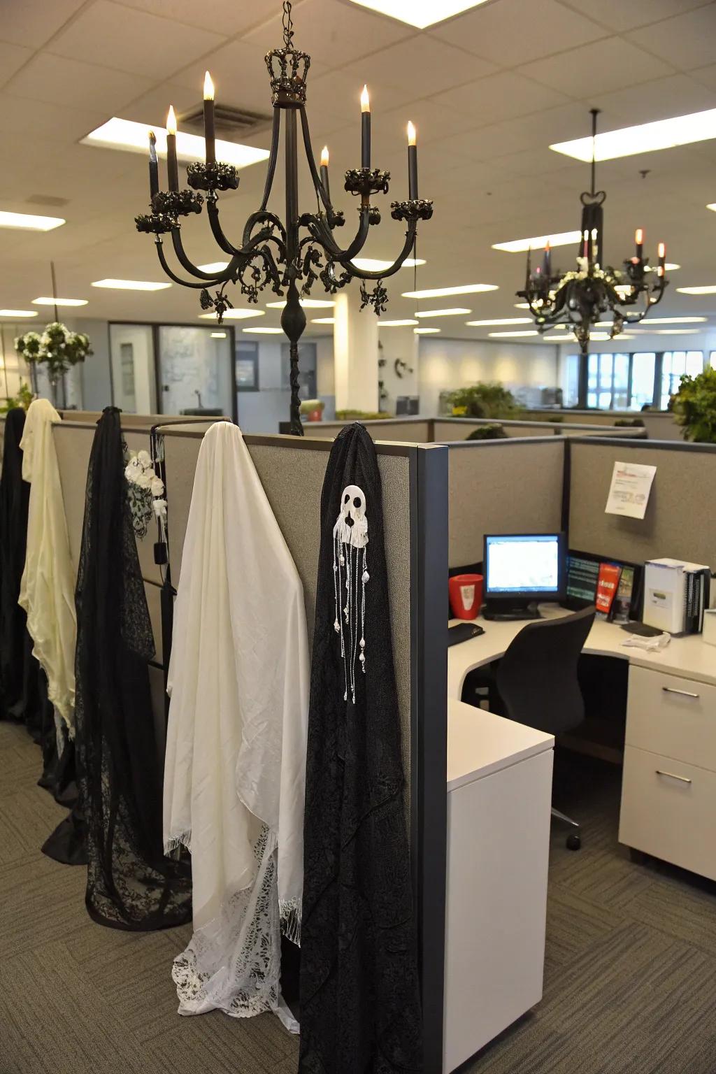Realize gothic sophistication through superimposed fabrics and haunting features.