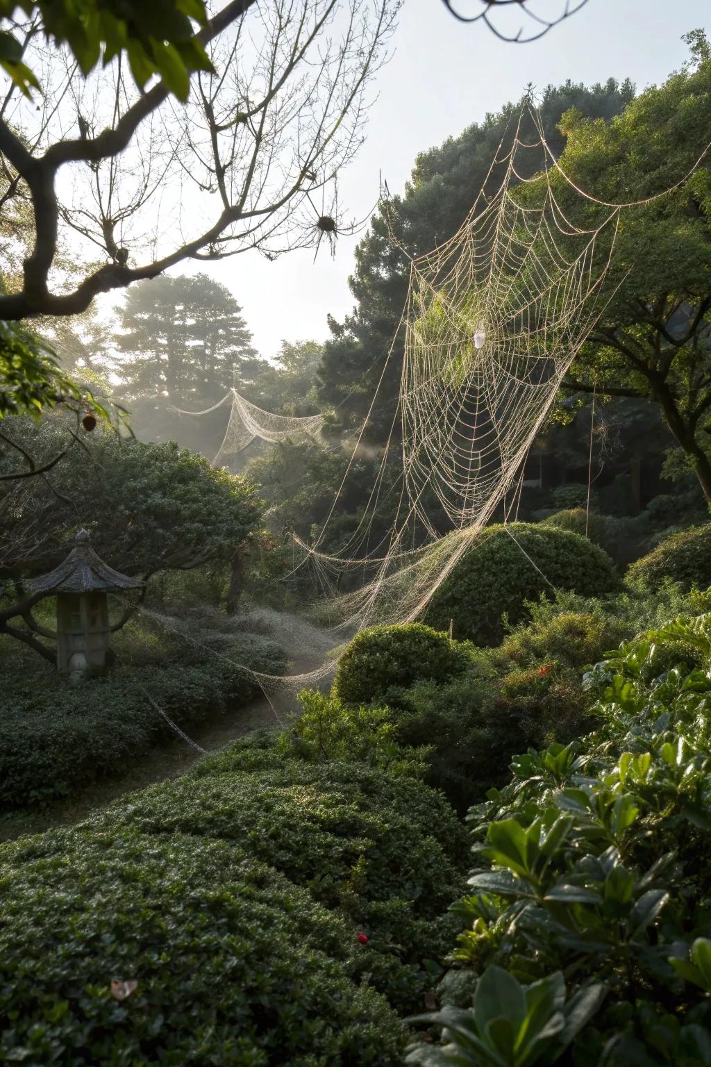 Construct an atmosphere of spine-tingling intrigue using detailed spider webs.