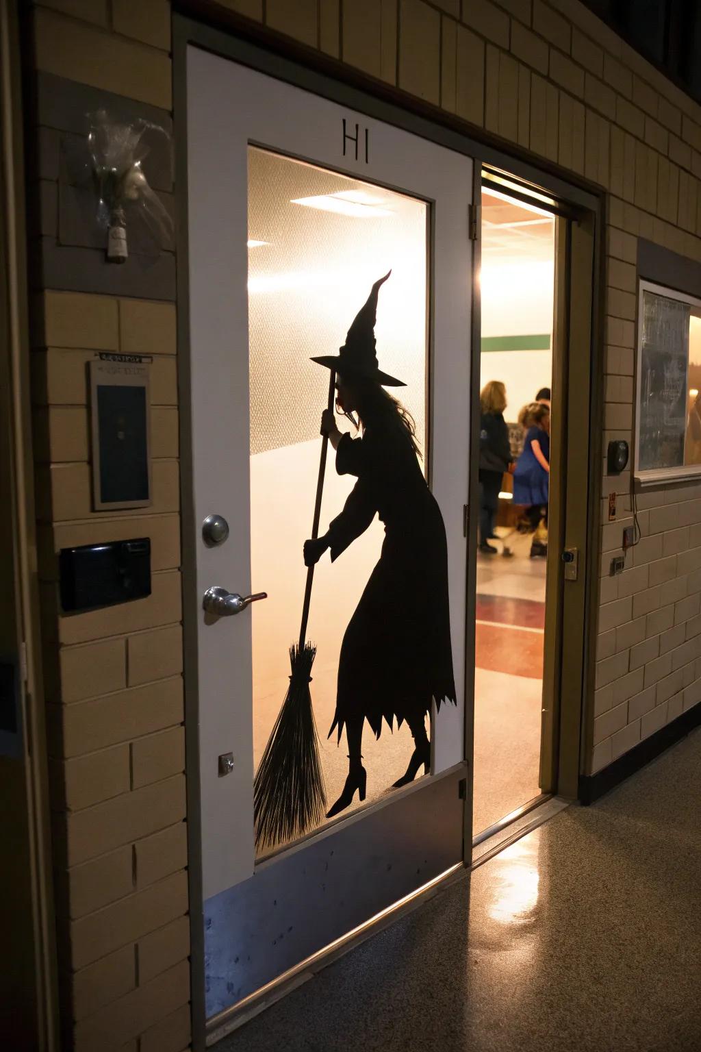 A sorceress silhouette casting incantations upon a classroom entrance.