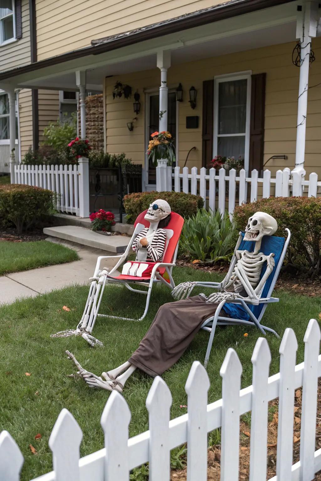 Comical bony figures relishing a night out in the front yard.