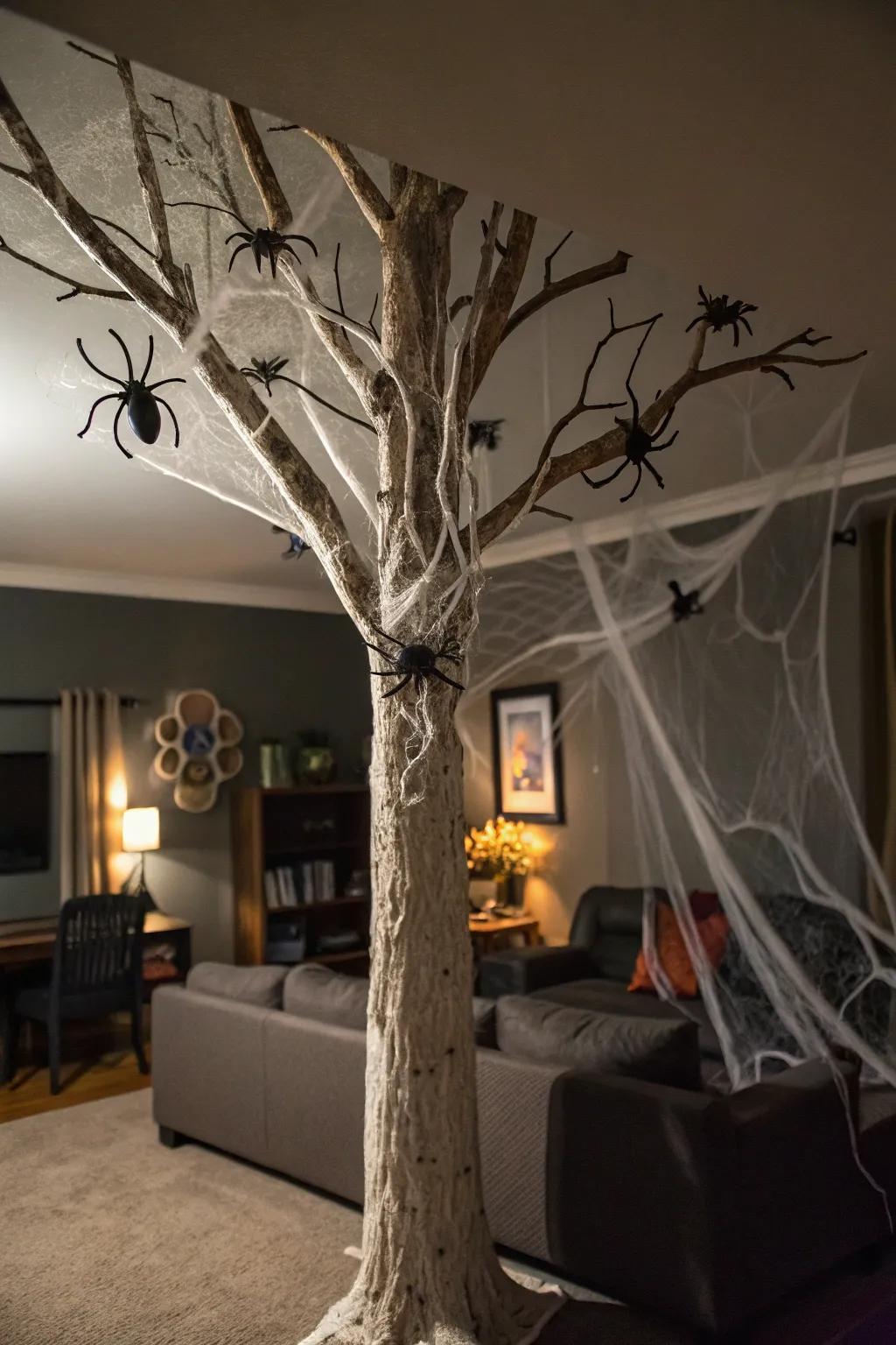 A Halloween tree featuring an eerie cobweb theme.