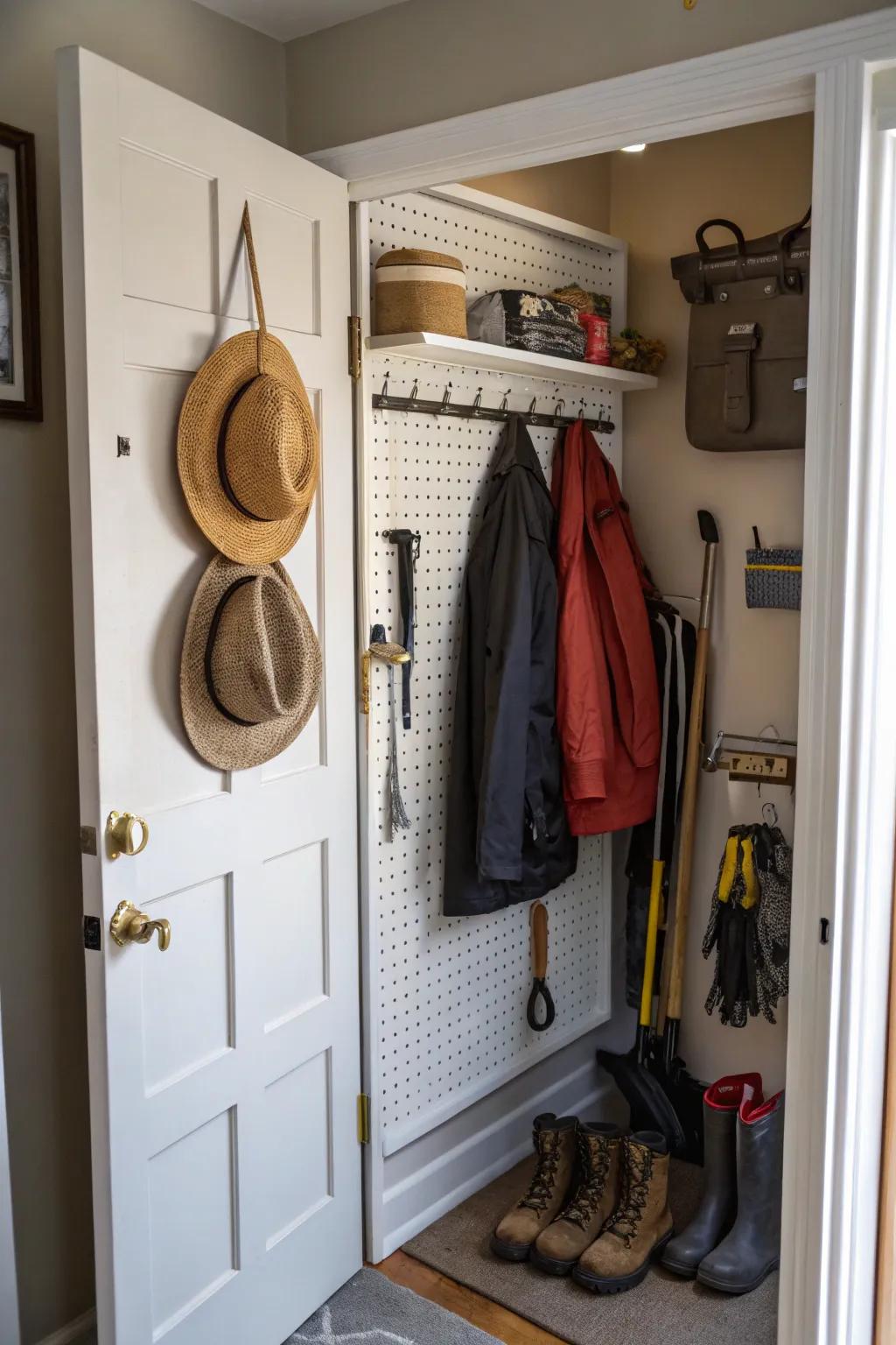 Board with pegs on the inside of a hallway closet door, used for hanging accessories.