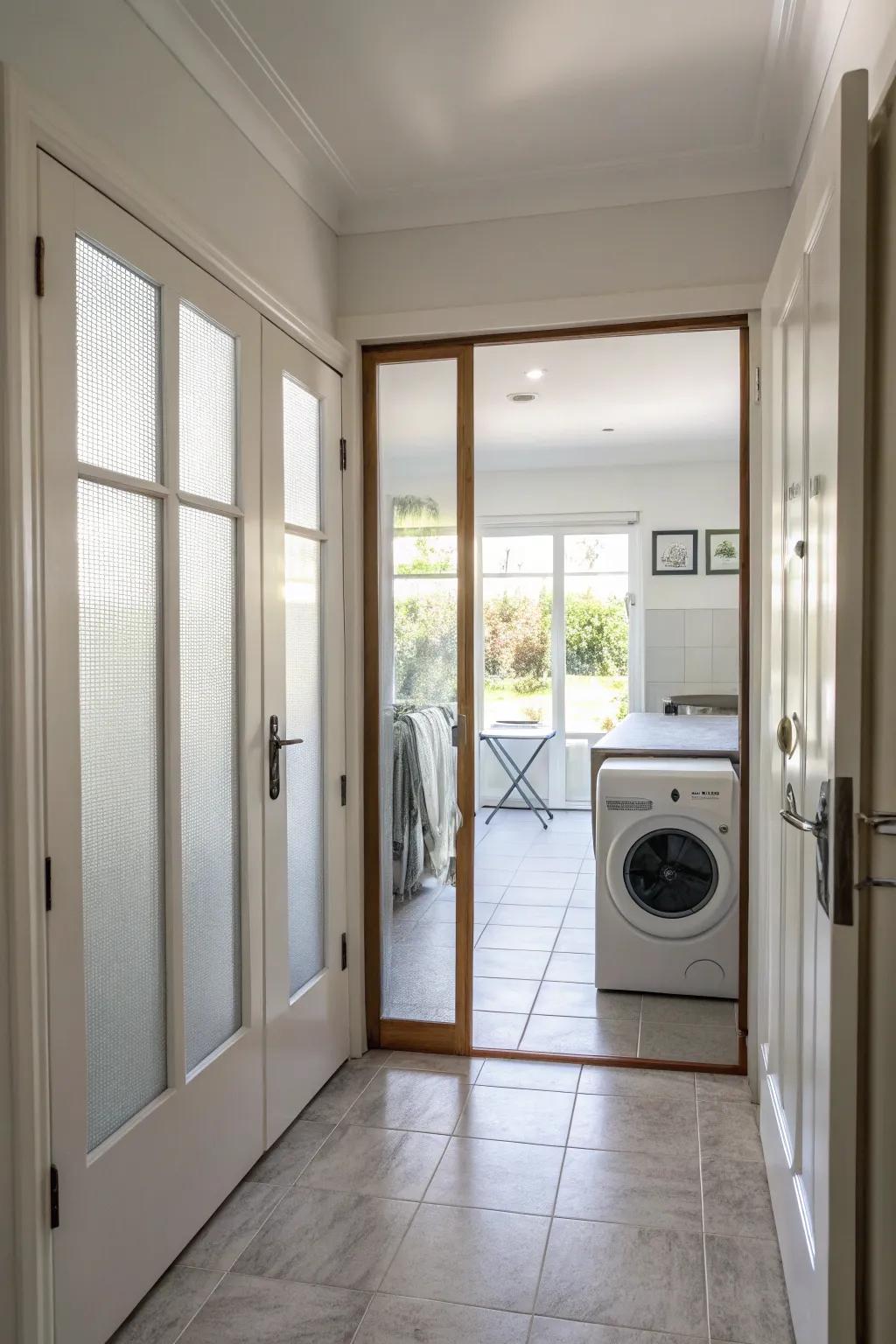 Opaque glass doors brighten and enlarge a hallway laundry space.