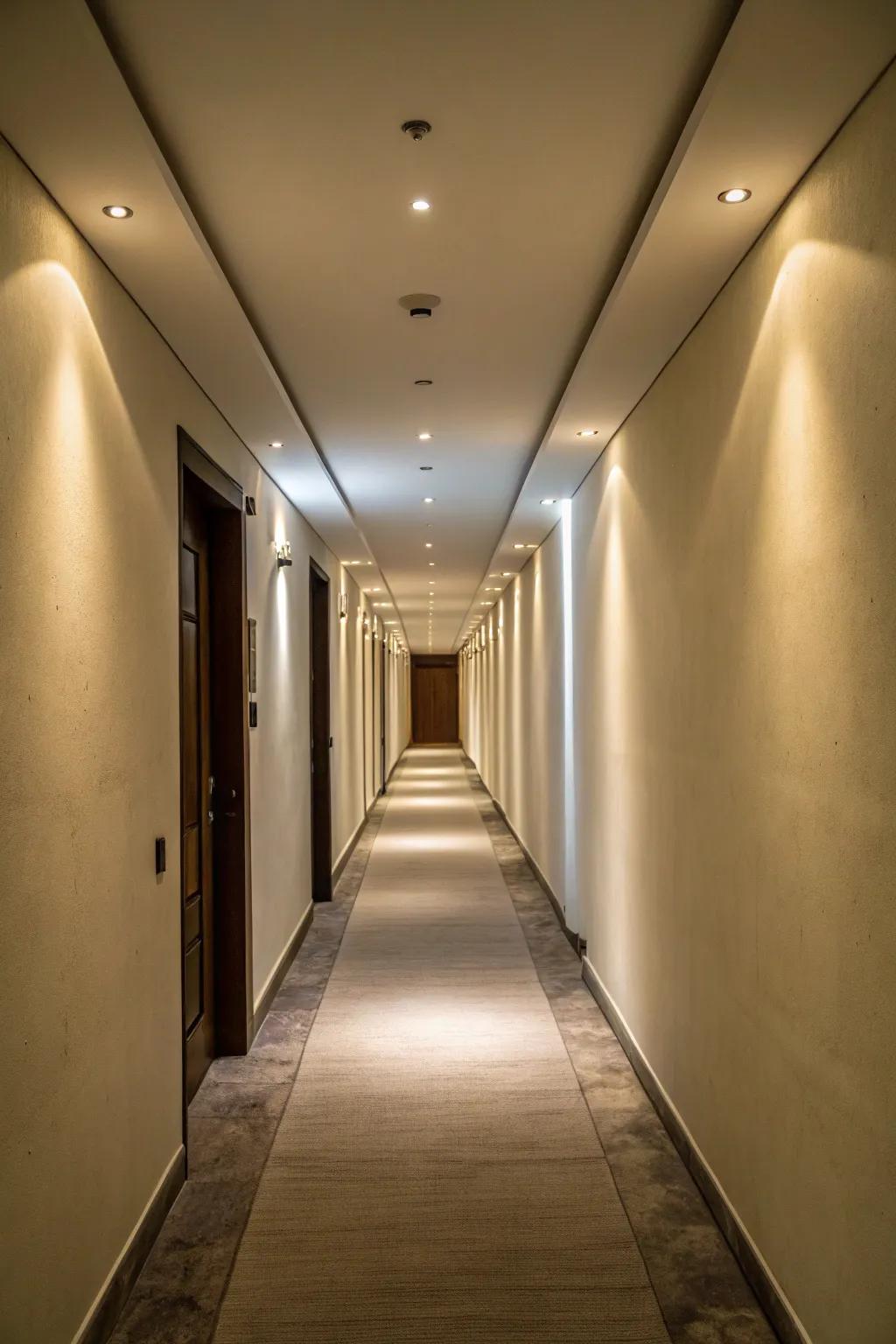 Embedded lighting presents a clean and radiant aesthetic that works particularly well in narrow hallways.