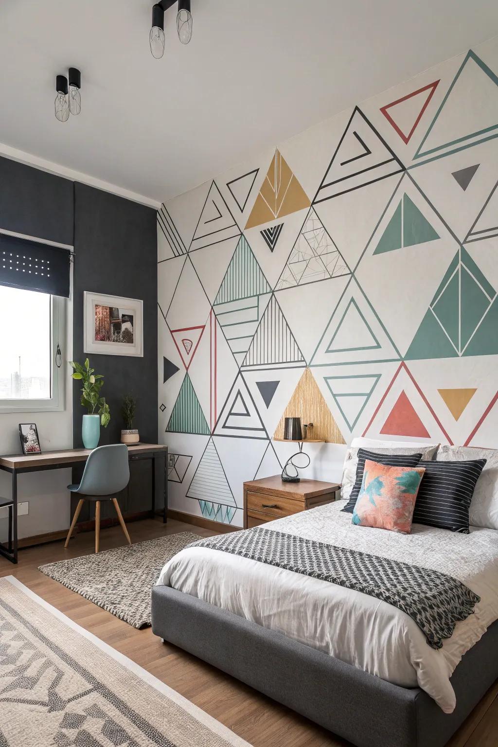 Geometric patterns infuse this slumber space with dimension and allure.