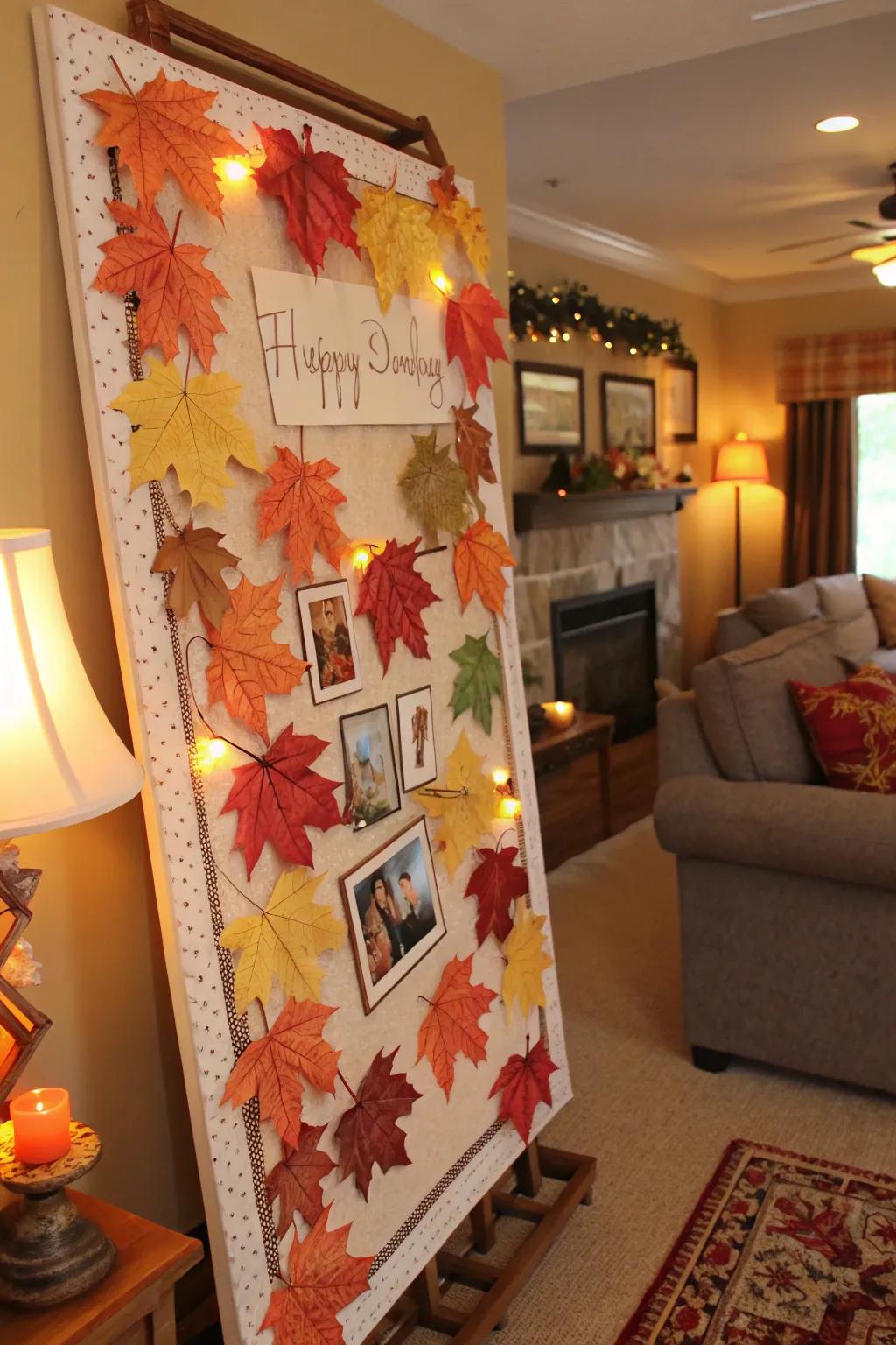 A seasonal birthday display honoring autumn with vibrant foliage.